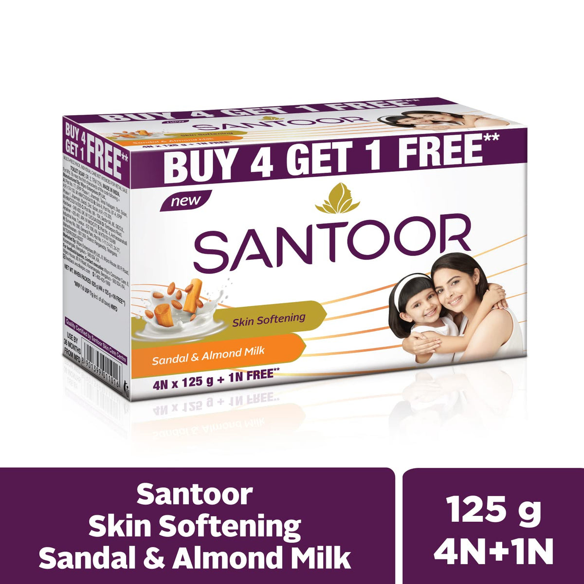 Santoor Sandal and Almond Milk Soap (Buy 4 Get 1 Free 125g each) (Pack of 2) 625 g (Pack of 2)