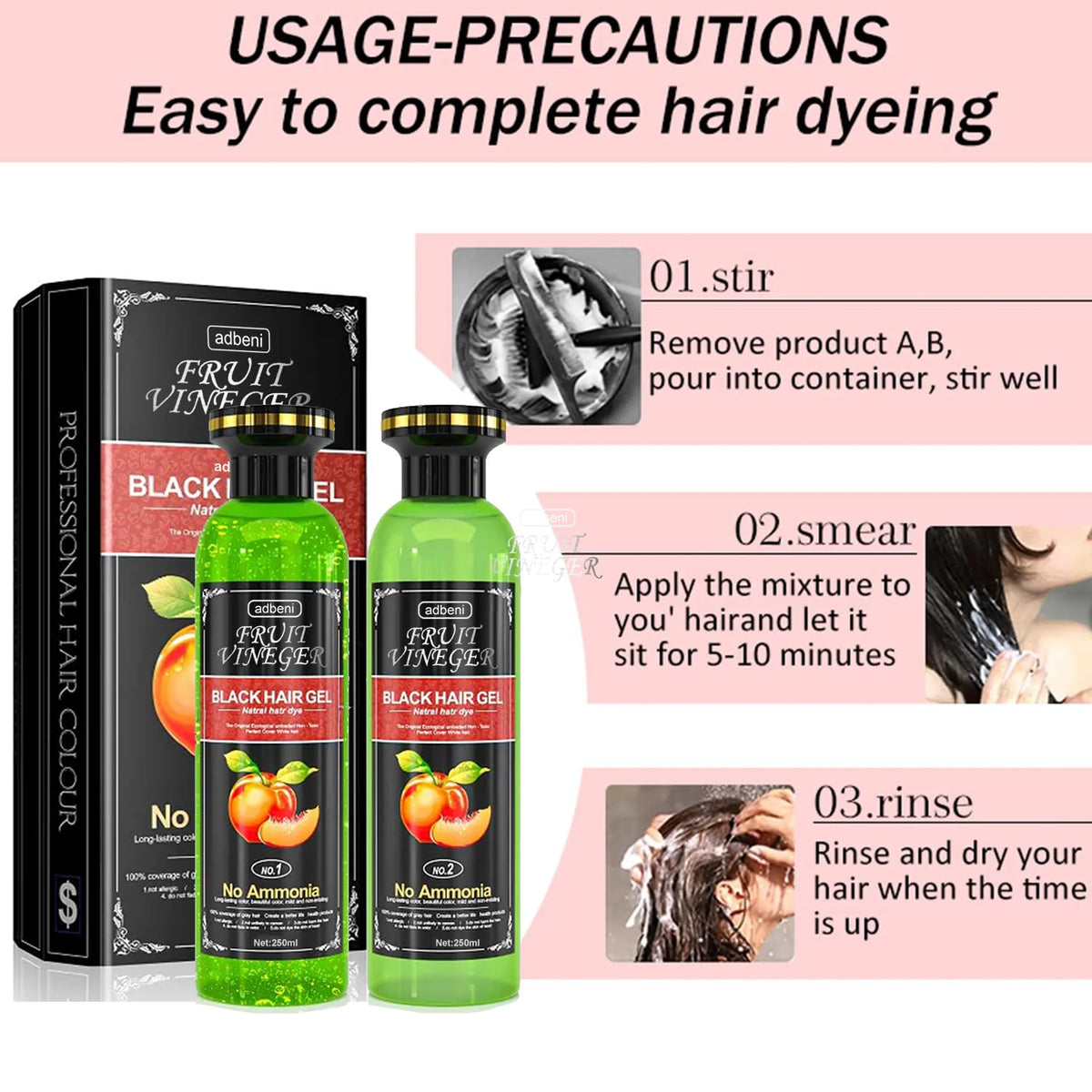 Adbeni Fruit Vineger Gel Hair Color, Black | Natural Hair Dye for Men & Women | No Ammonia | Long-Lasting, Gentle on Scalp | 500ml Black Black 500 ml (Pack of 1