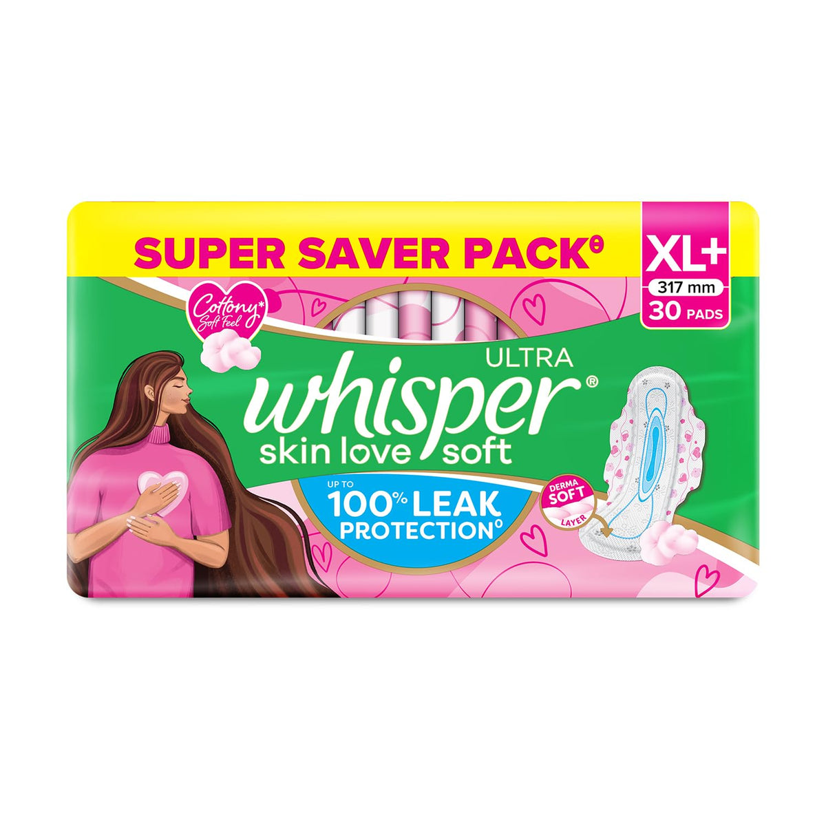 Whisper Ultra Skin Love Soft Sanitary Pads for Women, XL+ 30 Pads, Cottony Soft Feel, Upto 100% Leak* Protection, Disposable Wrapper, Locks Odour & Wetness (Pro