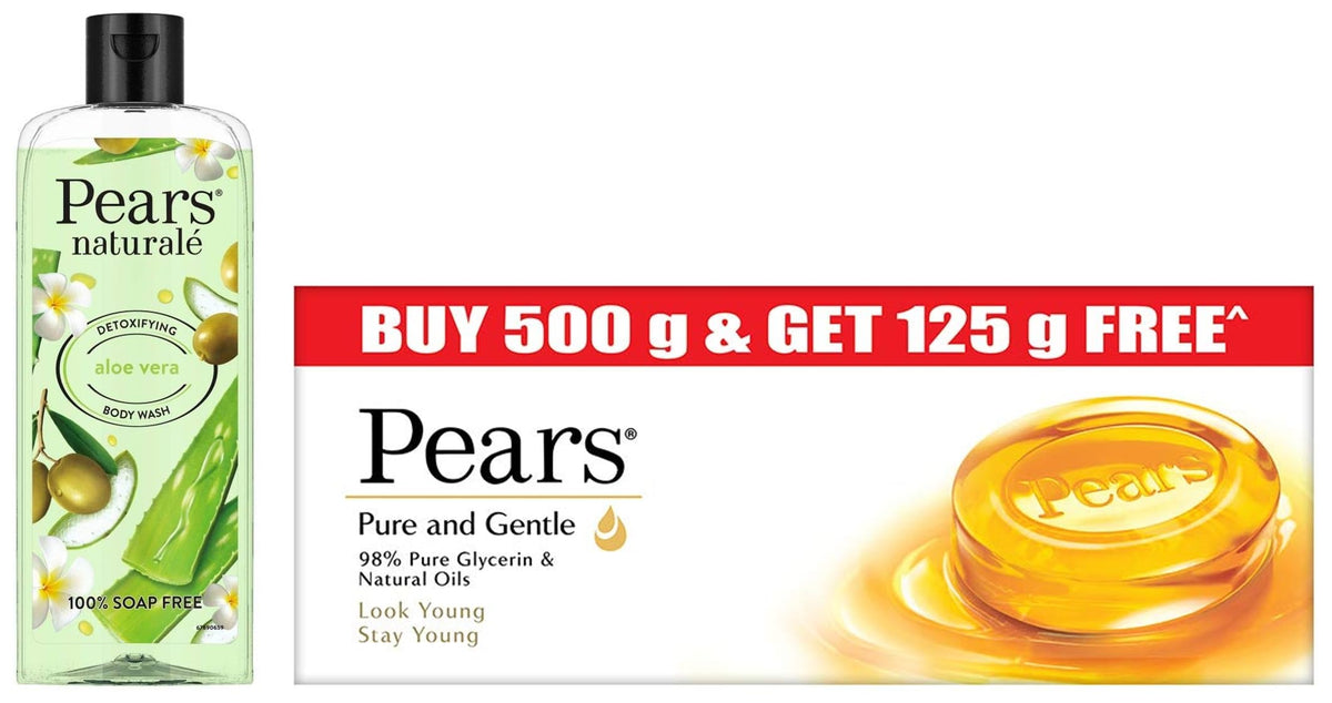 PEARS Pure & Gentle Moisturising Bathing Bar Soap with Glycerine For Golden Glow 125g (Pack of 5) & Naturale Detoxifying Aloevera Bodywash, 250 ml