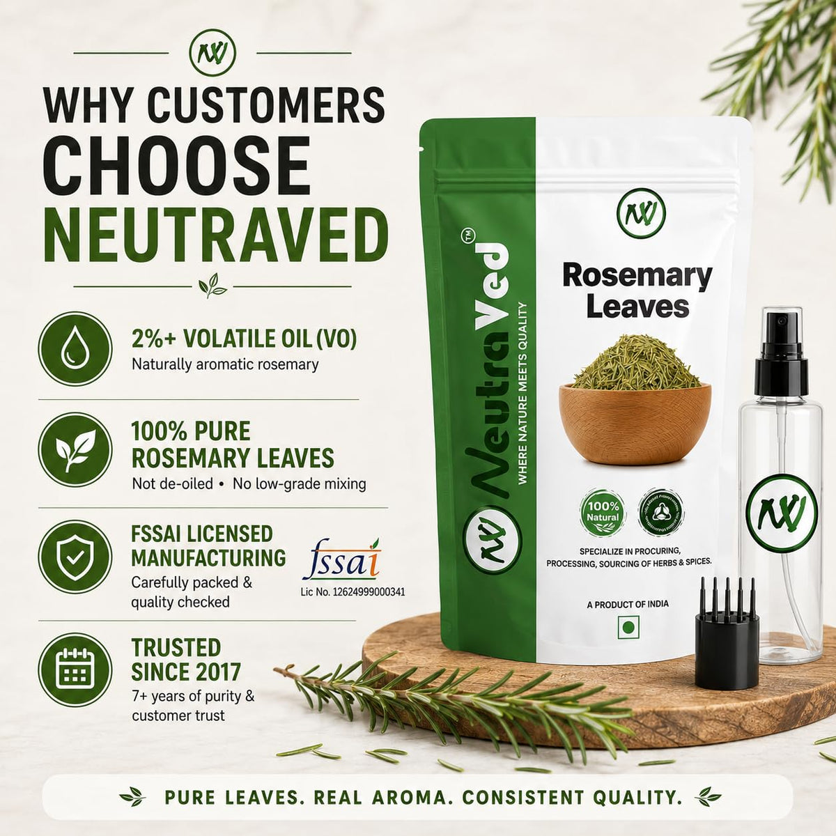 NeutraVed Rosemary Leaves Organic | Rosemary Dry Leaves for Hair Growth, Stronger Strands & Natural Hair Nourishment, Food Grade | Includes Mist Spray & Comb Ca