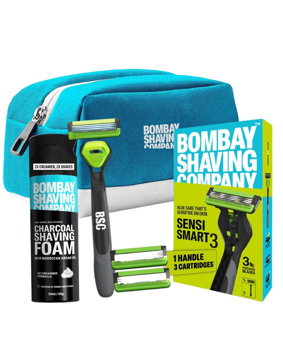 Bombay Shaving Company Sensi Smart 3 Shaving Kit For Men | Sensi Smart 3 Razor, Razor Cartridges, Charcoal Shaving Foam | Travel Bag | Shaving Kit For Sensitive