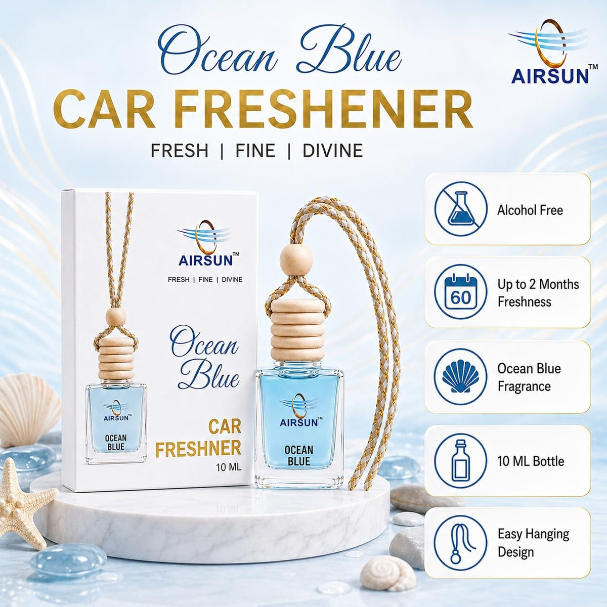 AIRSUN Ocean multicolor Car Freshener 10 ML | Hanging Car Perfume with Wooden Cap | Long-Lasting Refreshing Fragrance | Alcohol-Free Car Air Freshener for Car I