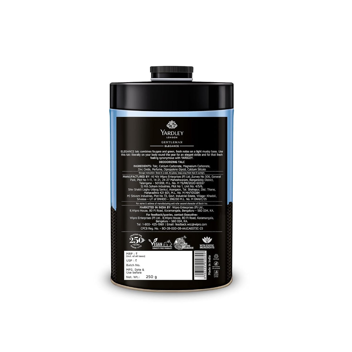 Yardley London Elegance Deodorizing Talc| Fougere Aromatic Woody Fragrance| Masculine Fragrance| Body Talc for Men| 250g Musky 250 g (Pack of 1)