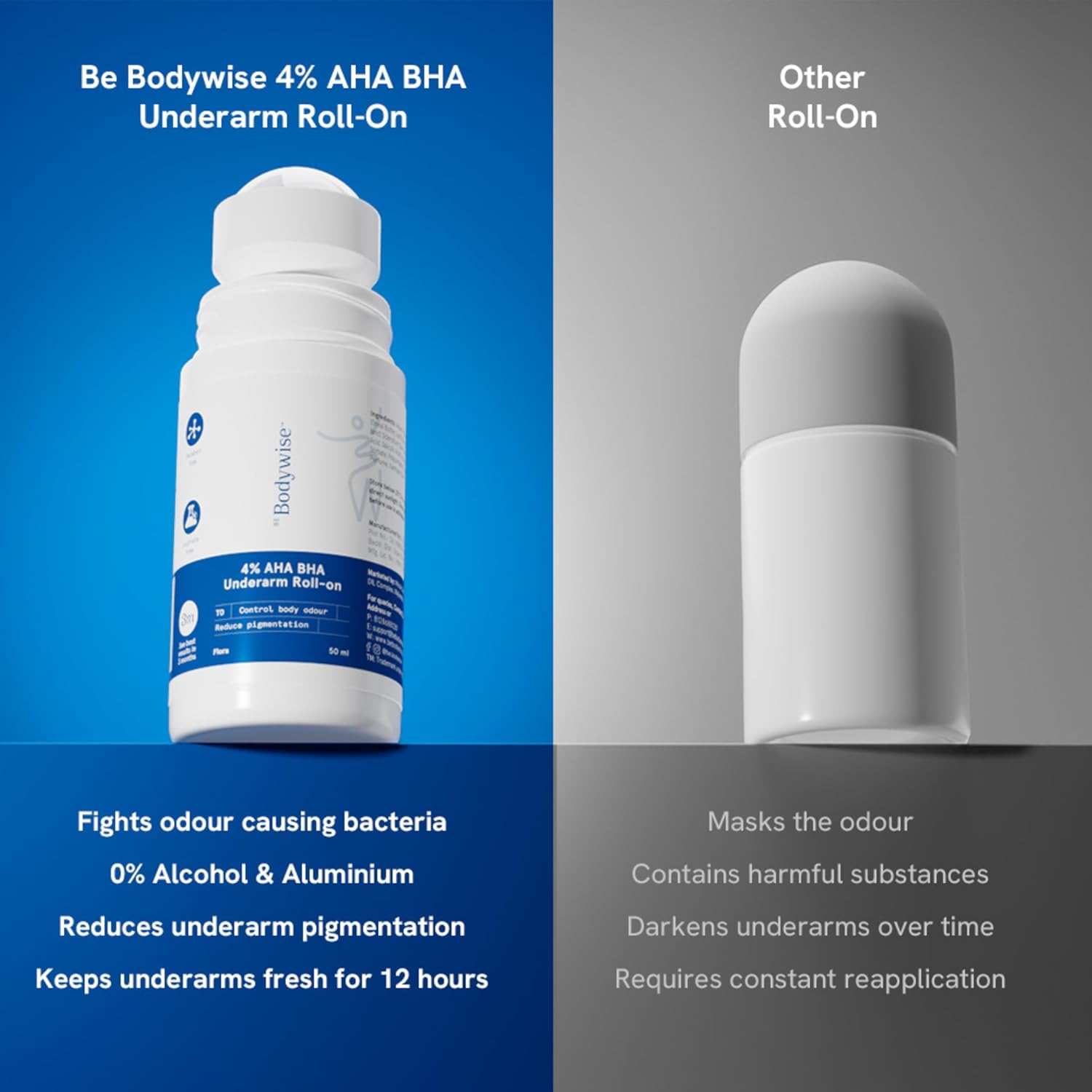 Be Bodywise 4% AHA BHA Underarm Roll-On for Even Tone Skin, 2% Lactic, 1% Mandelic and 1% Salicylic Acid, Controls Odour & Reduces Pigmentation, 0% Alcohol & 0% Aluminium, Flora Fragrance, 50ml