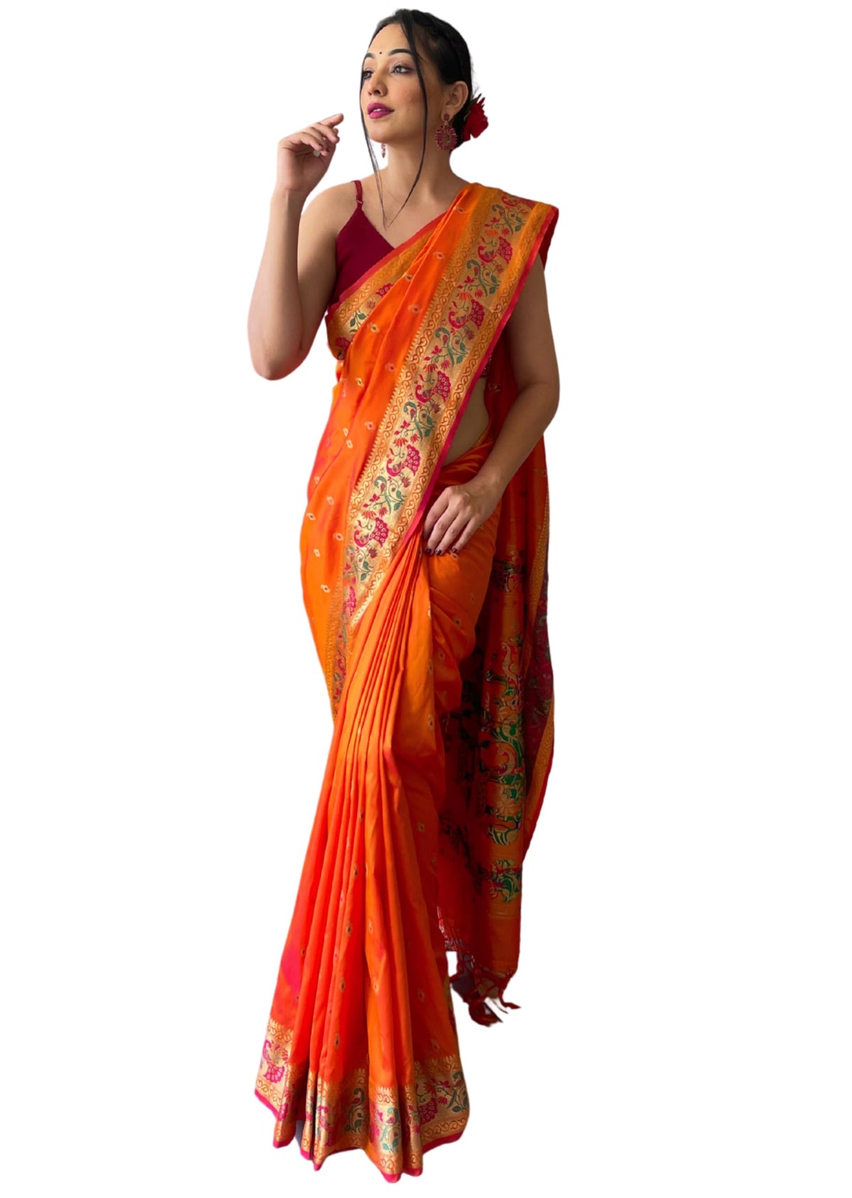 SGF11 Women's Kanjivaram Soft Silk Saree With Blouse Piece 6.3metres Orange