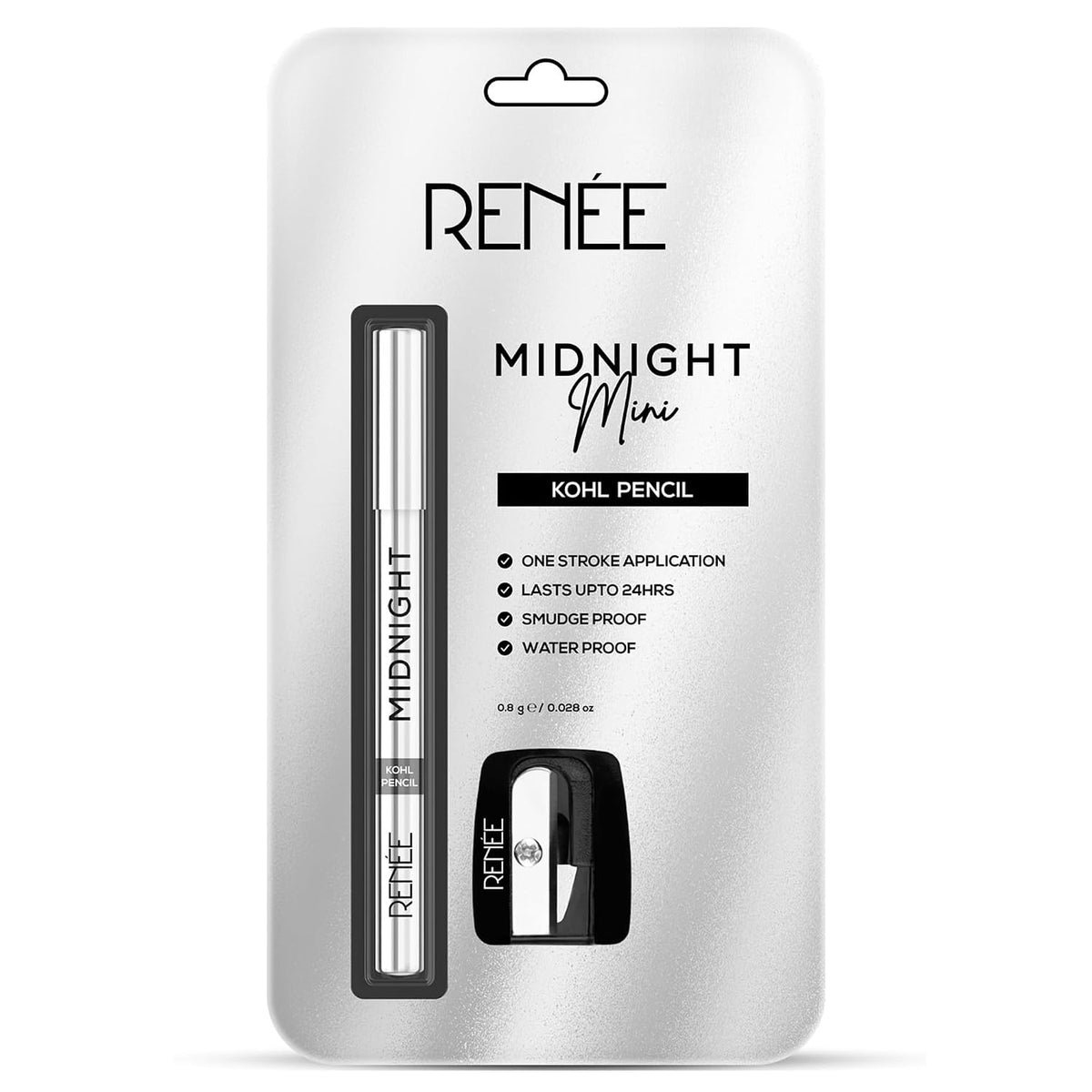RENEE Midnight Mini Kohl Pencil, Darkest black, One-Swipe-Application with rich color Payoff, Smudgeproof and waterproof, Enriched with Vitamin E, Olive Oil and