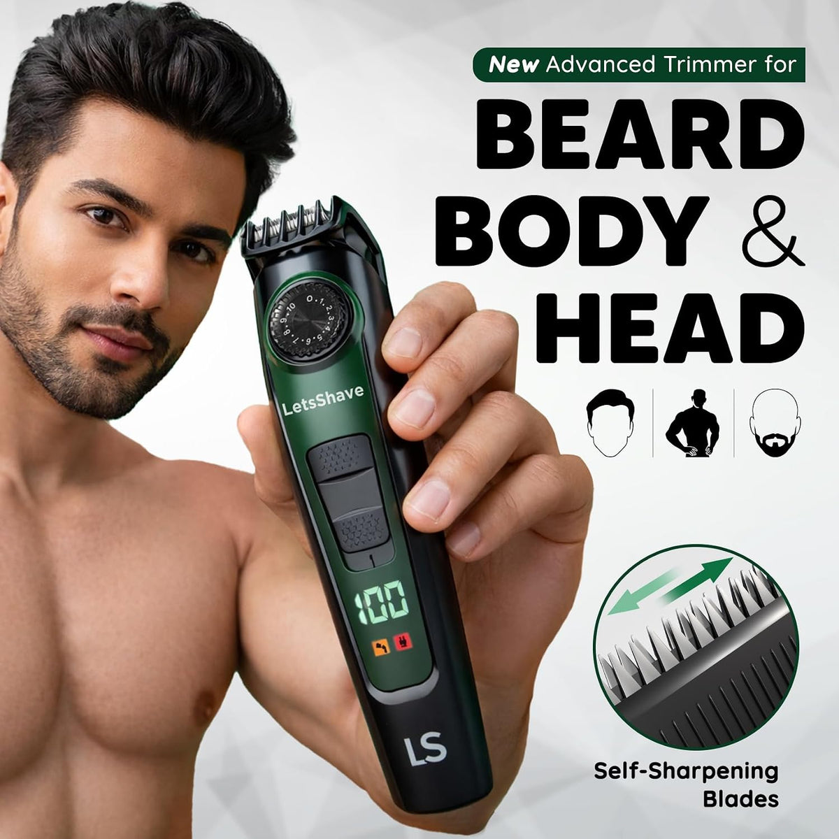 LetsShave Beard Trimmer for Men | All-in-One Beard, Hair & Body Trimmer | 120 Min Runtime | LED Battery Display | USB-C Fast Charging | 3-Year Warranty | Self-S