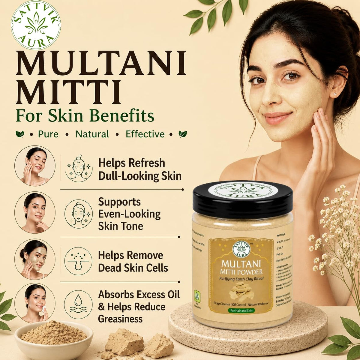Pure Multani Mitti Powder for Face, Skin & Hair Care | Natural Fuller’s Earth Powder | Fine Powder for Face Pack & Hair Pack | 100g