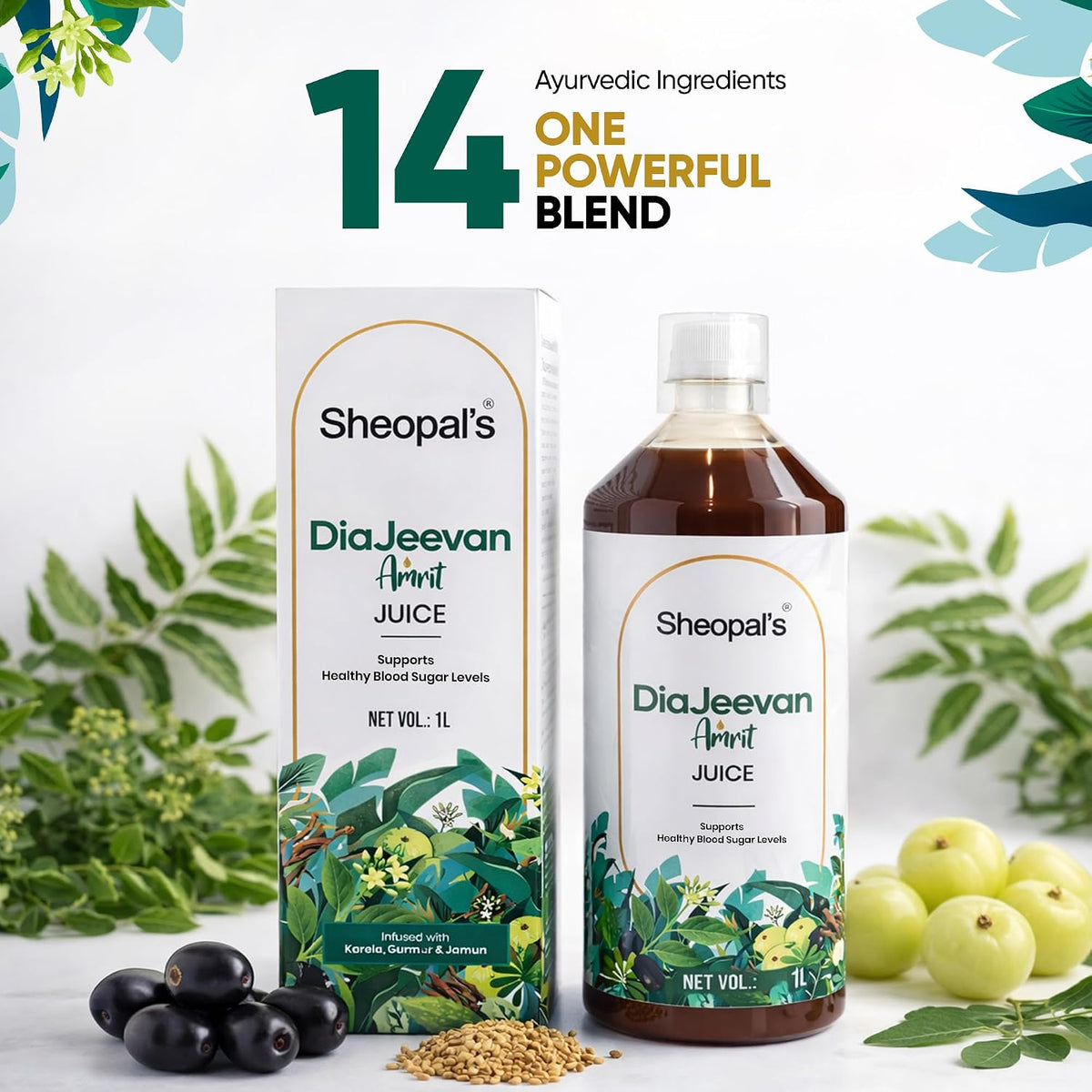 Sheopal's DiaJeevan Amrit Juice 1L | Ayurvedic Herbal Wellness Juice | Karela, Jamun, Amla & Gurmar + 7 Ayurvedic Herbs | Traditional Health Tonic – 1L pack of