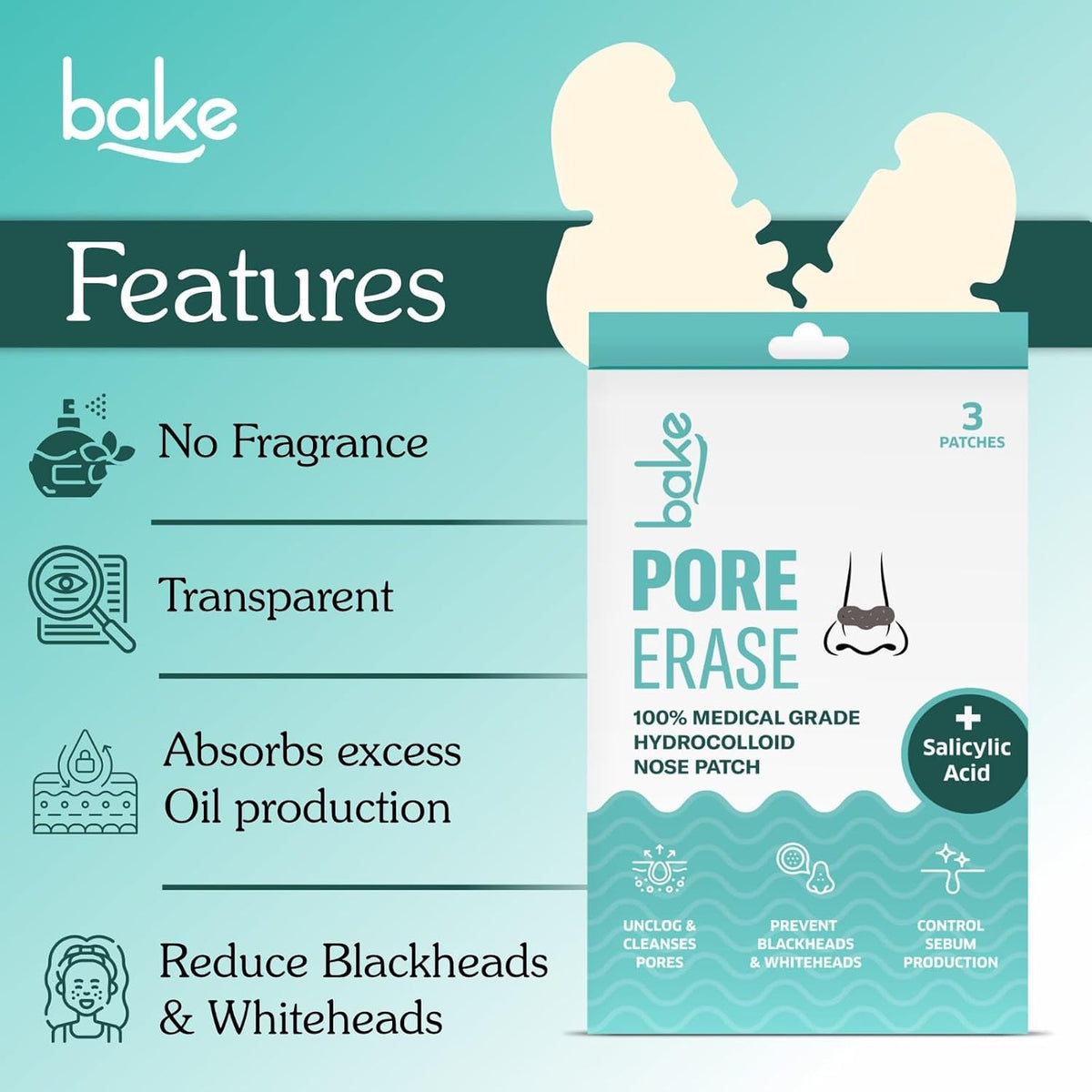 BAKE 2% Salicylic Acid Nose Strips for Blackheads Removal, Whiteheads & Pore Cleansing | Hydrocolloid Nose Patches for Clogged Pores, Deep Cleansing, Controlled