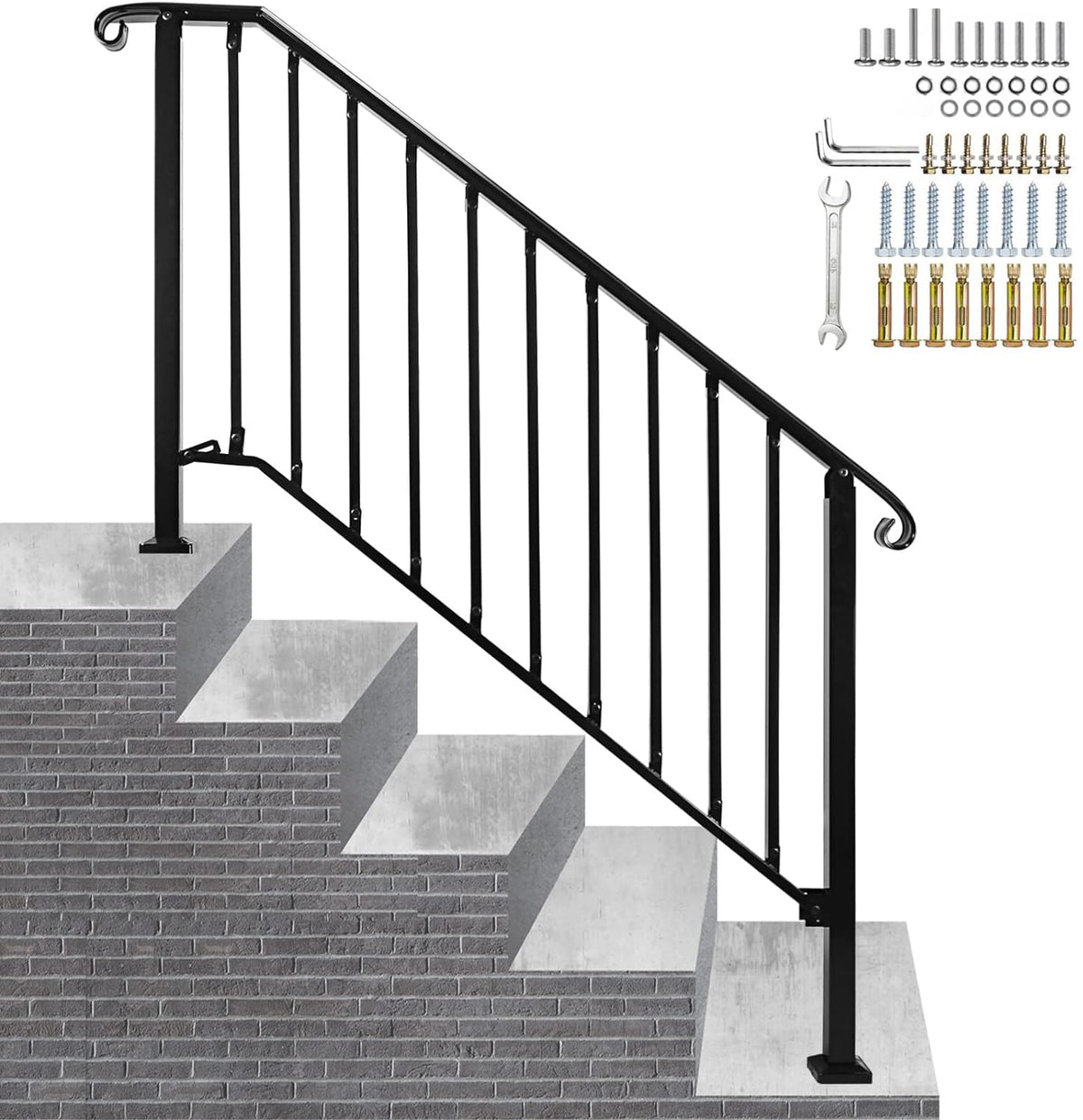 Adjustable Handrails for Outdoor Steps, Handrail Picket #4 Fits 4 or 5 Steps, Mattle Wrought Iron Handrail, Stair Rail with Installation Kit for Outdoor Steps