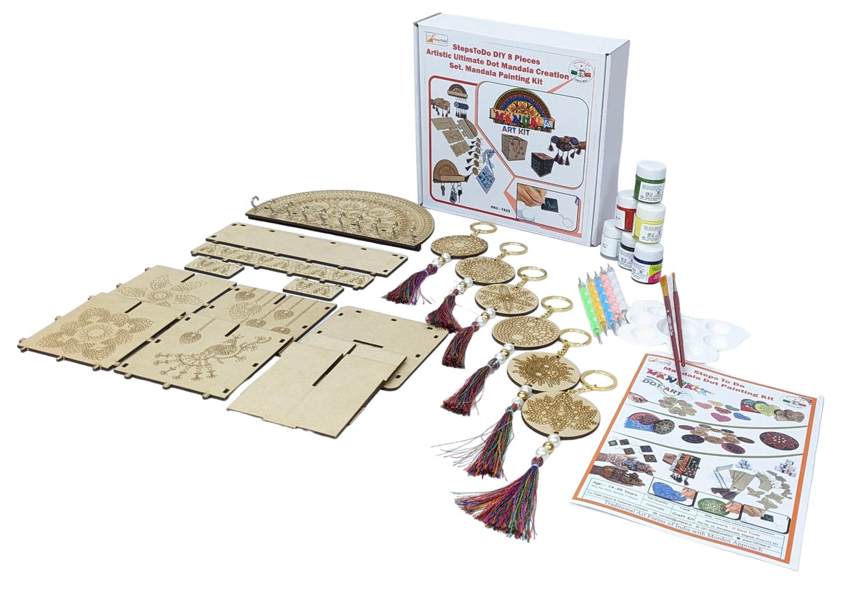 StepsToDo DIY 8 Pieces Artistic Dot Mandala Painting Kit. Dotting Tools (5),Pre-Mark Wooden Keychain (6),10 Hooks Key Holder (1), Desk Organizer (1), Paint Brus