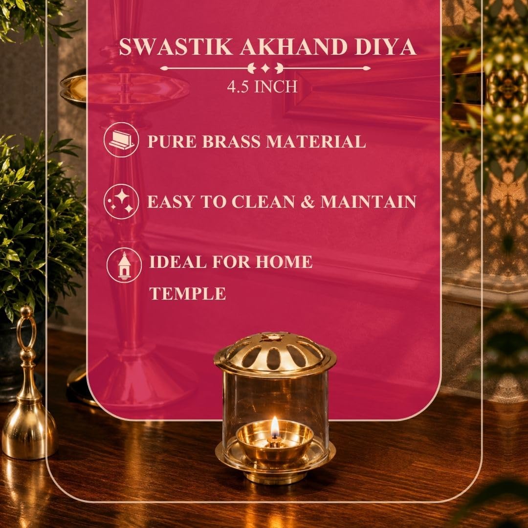 Klassic 4.5 Inch Swastik Akhand Diya with Borosilicate Glass Shade | Pure Brass Oil Lamp for Mandir, Daily Puja, Pooja Room, Diwali, Prayer, Wick Holder Festive