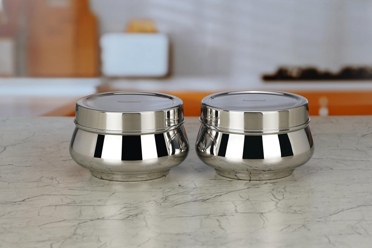 Sumeet Stainless Steel Handi Shape Canisters/Dabba/Storage Containers Set for kitchen 11.6cm Dia, 900ml, Pack of 2, Silver 900ml, 2 pcs