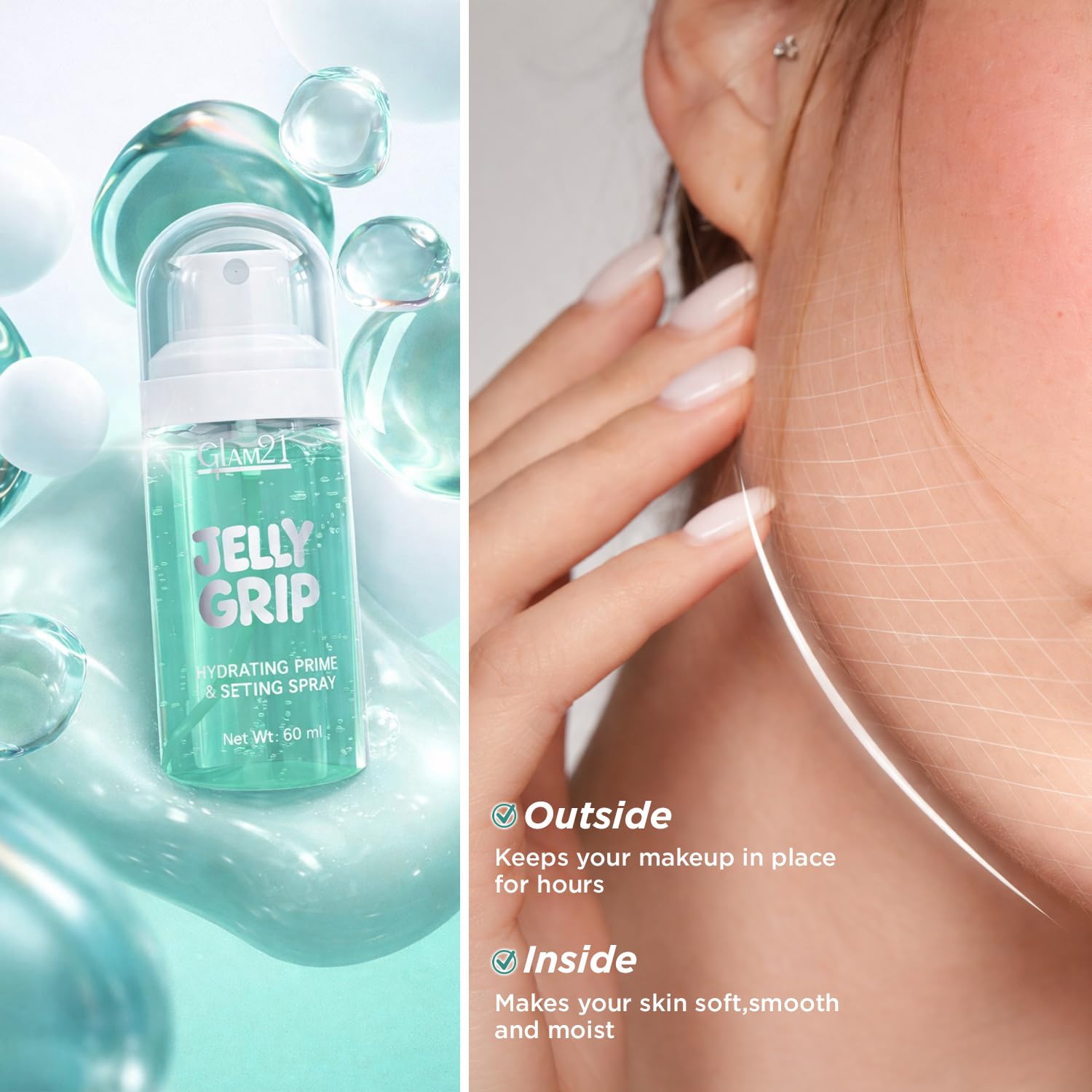 Glam21 Jelly Grip Hydrating Setting Spray & Primer Mist with Aloe Vera & Sodium Hyaluronate – Lightweight Dewy Finish Makeup Grip Spray, Long-Lasting Smudge-Proof Hold | 60ml
