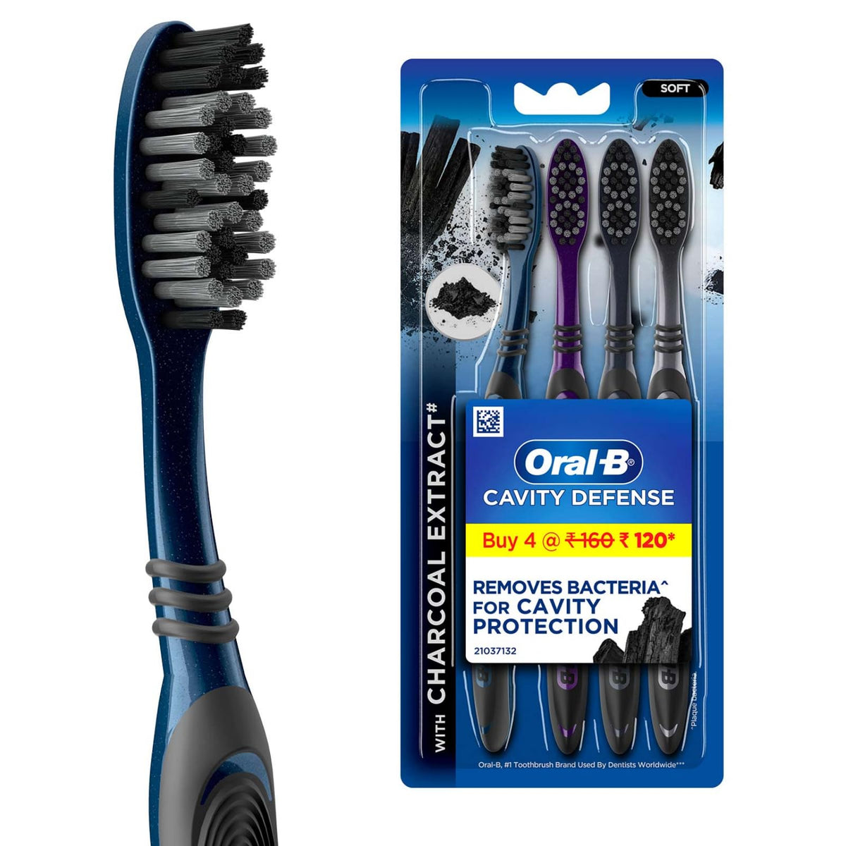 Oral-B Cavity Defense Soft Toothbrush For Adults, Charcoal Extract Soft Bristles, Removes Bacteria For Cavity Protection, Multicolour Toothbrush Set, Oral B Den