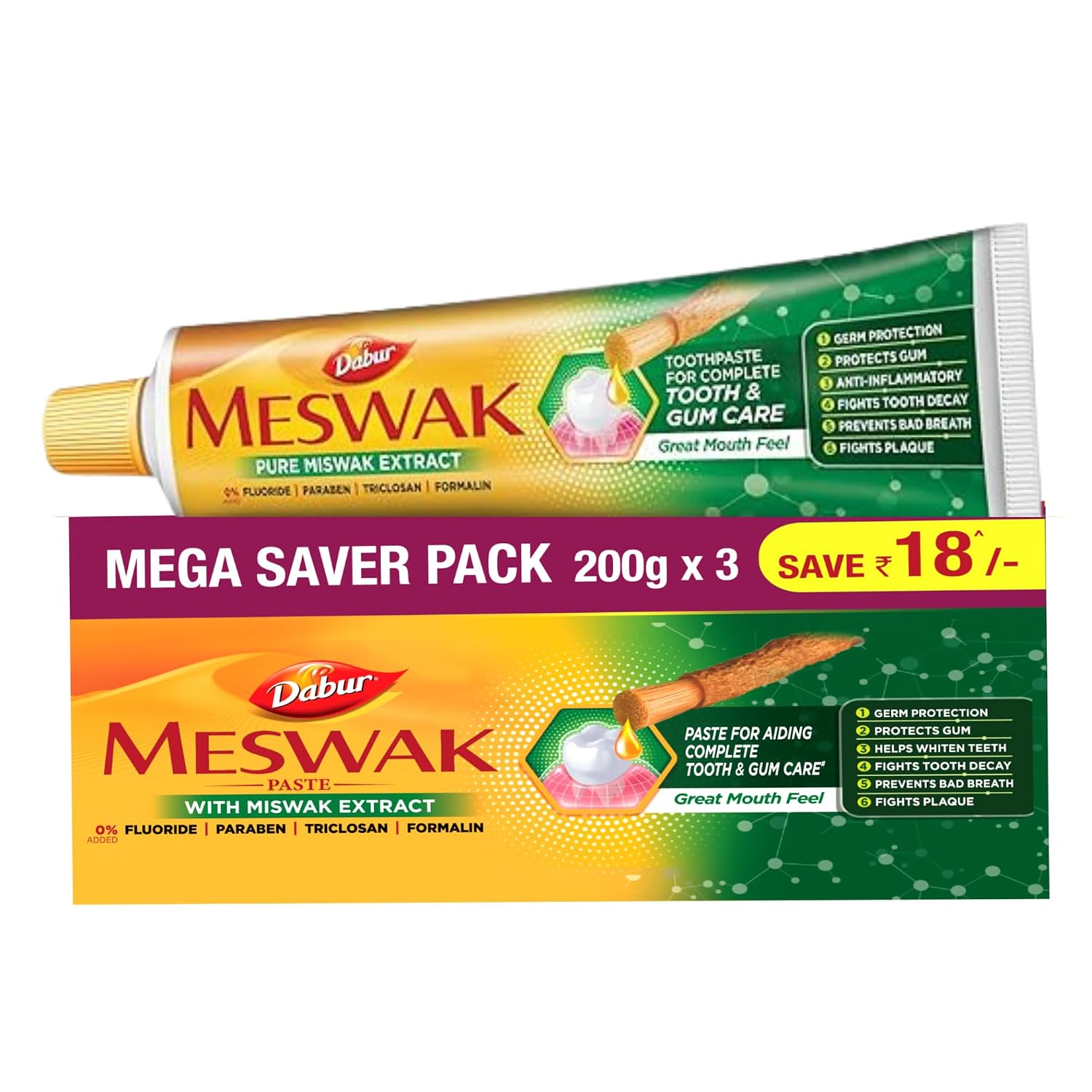 DABUR Meswak Complete Oral Care Toothpaste with Tooth Decay Prevention, Stain Removal, Cavity Protection, Tartar Control, Gum Protection, Plaque Removal, Anti-Bacterial 600 gm - 200 gm
