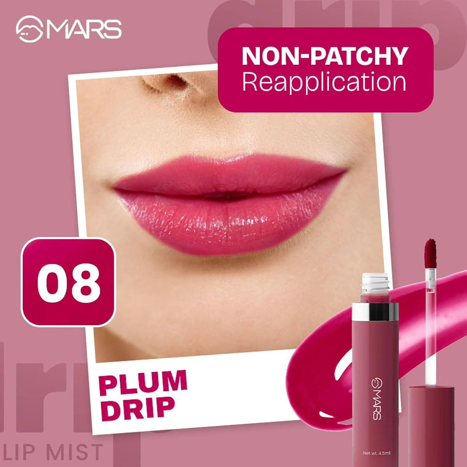 MARS Drip Lip Tint for Women (4.5 ml) (08-Plum Drip) | Lightweight & Long-Lasting | Comfortable Long Wear | Non-patchy Reapplication |Buildable Color, Glossy Finish