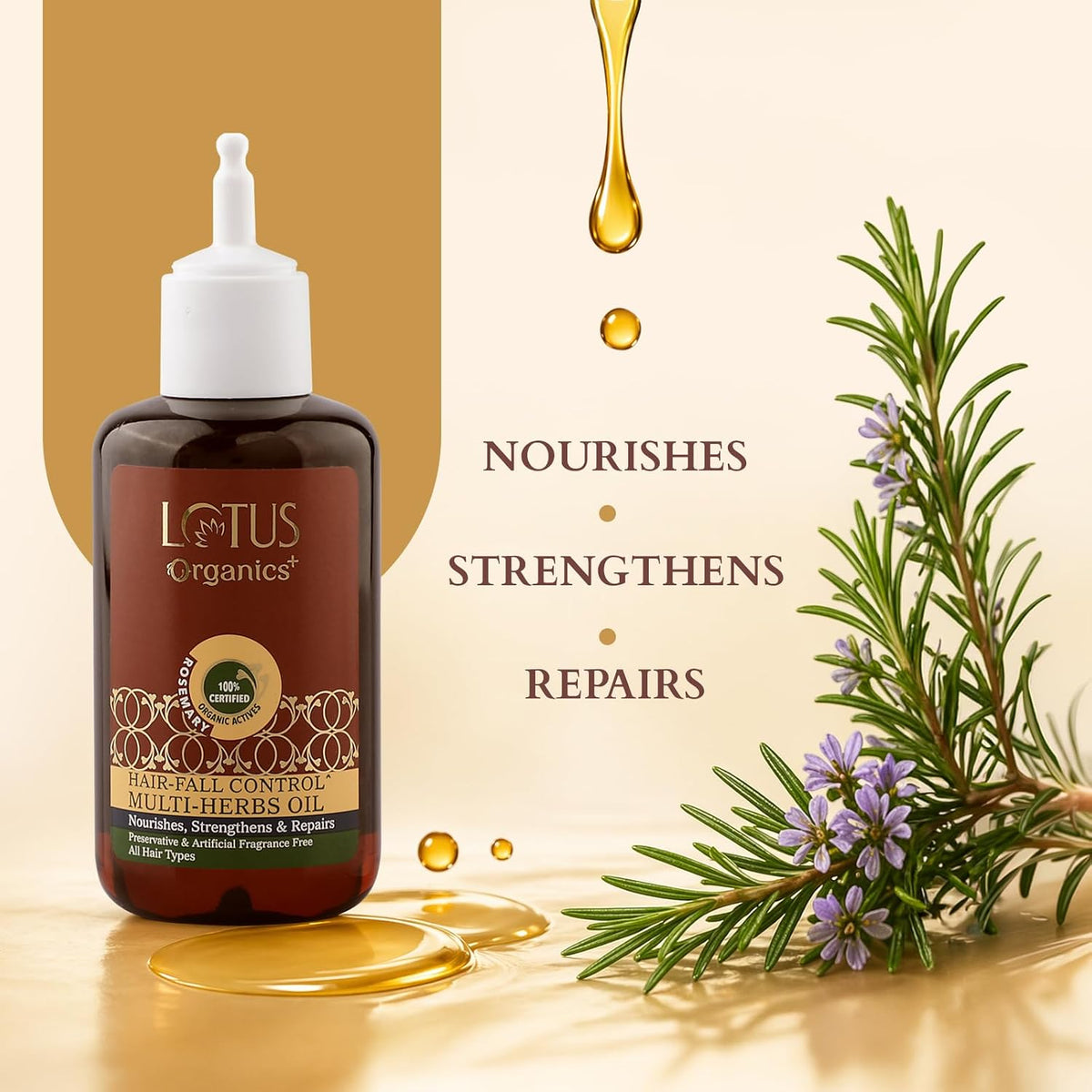 Lotus Organics+ Hair-Fall Control Multi-Herbs Hair Oil With 100% Certified Organic Rosemary | Helps Reduce Hair Fall, Promote Hair Growth | Cold-Pressed Hair Oi