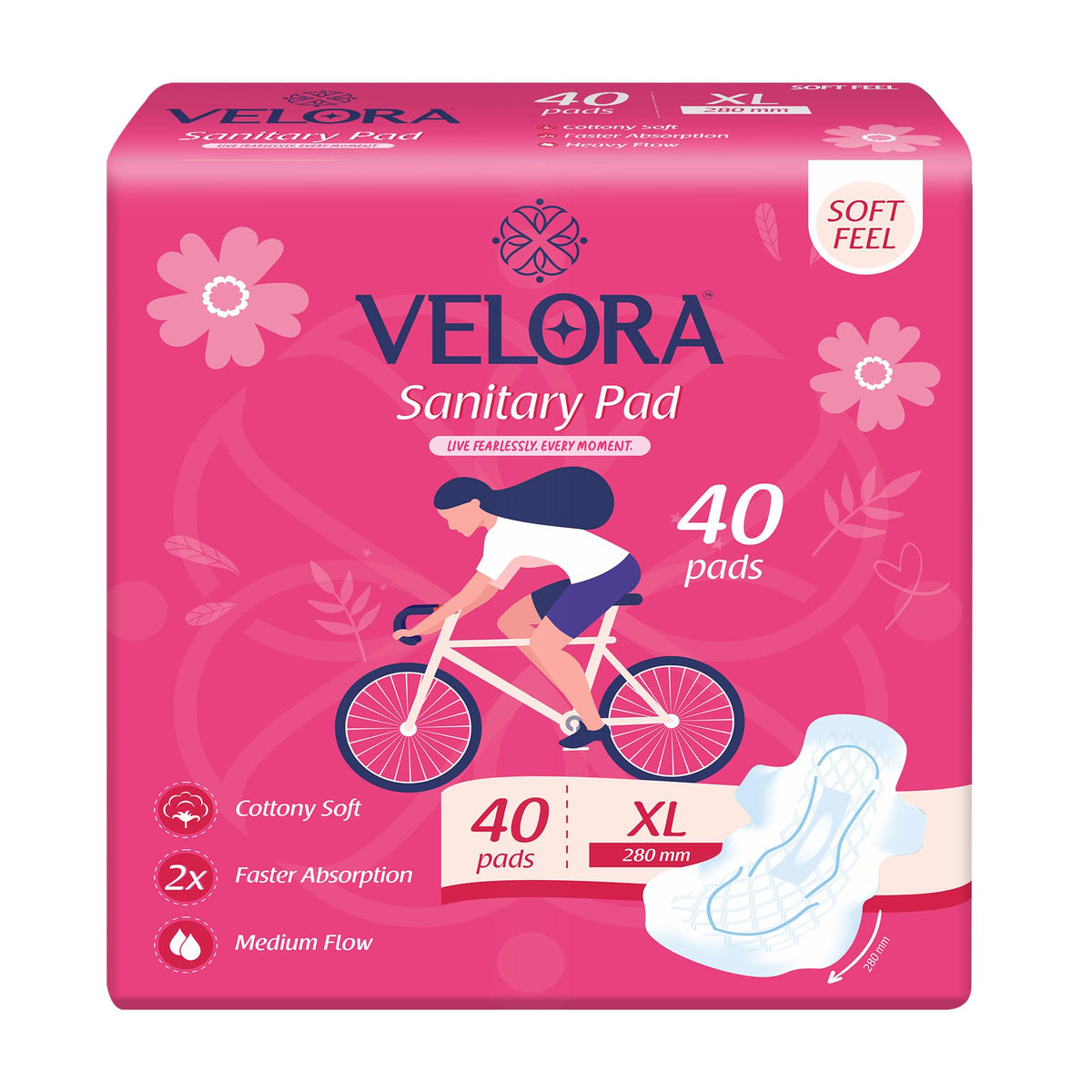Velora Soft Feel & Rash Free Pack of 1 Trifold Sanitary Pads| XL - 280MM | 40 Pads | Sanitary Pads for Women and Girls, Quick Absorption, Heavy Flow Champion, S