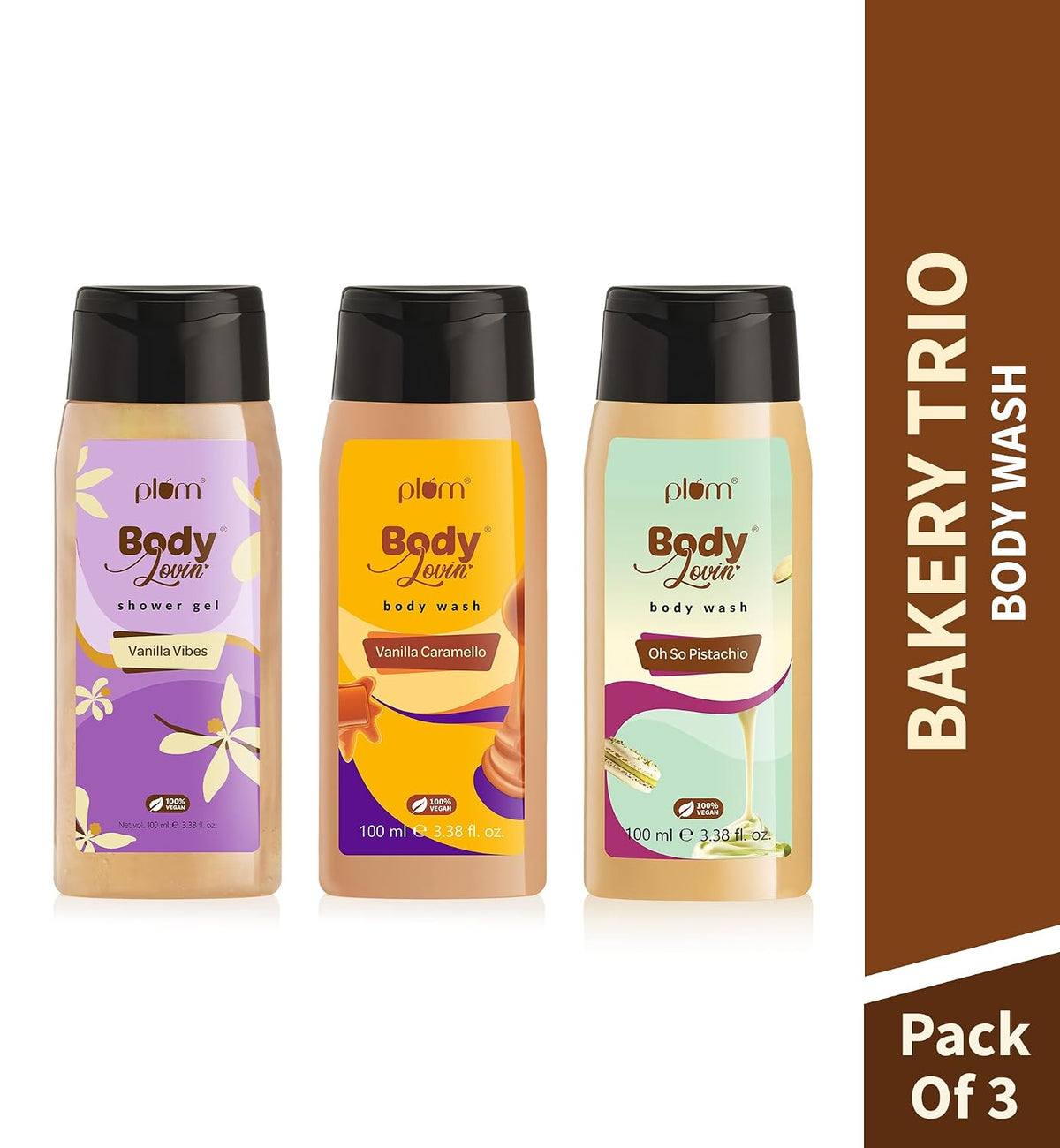 Plum BodyLovin’ Bakery Trio | Vanilla Vibes, Vanilla Caramello & Oh So Pistachio | SLS-Free Creamy Body Wash | Aloe-Infused | 100ml Each
