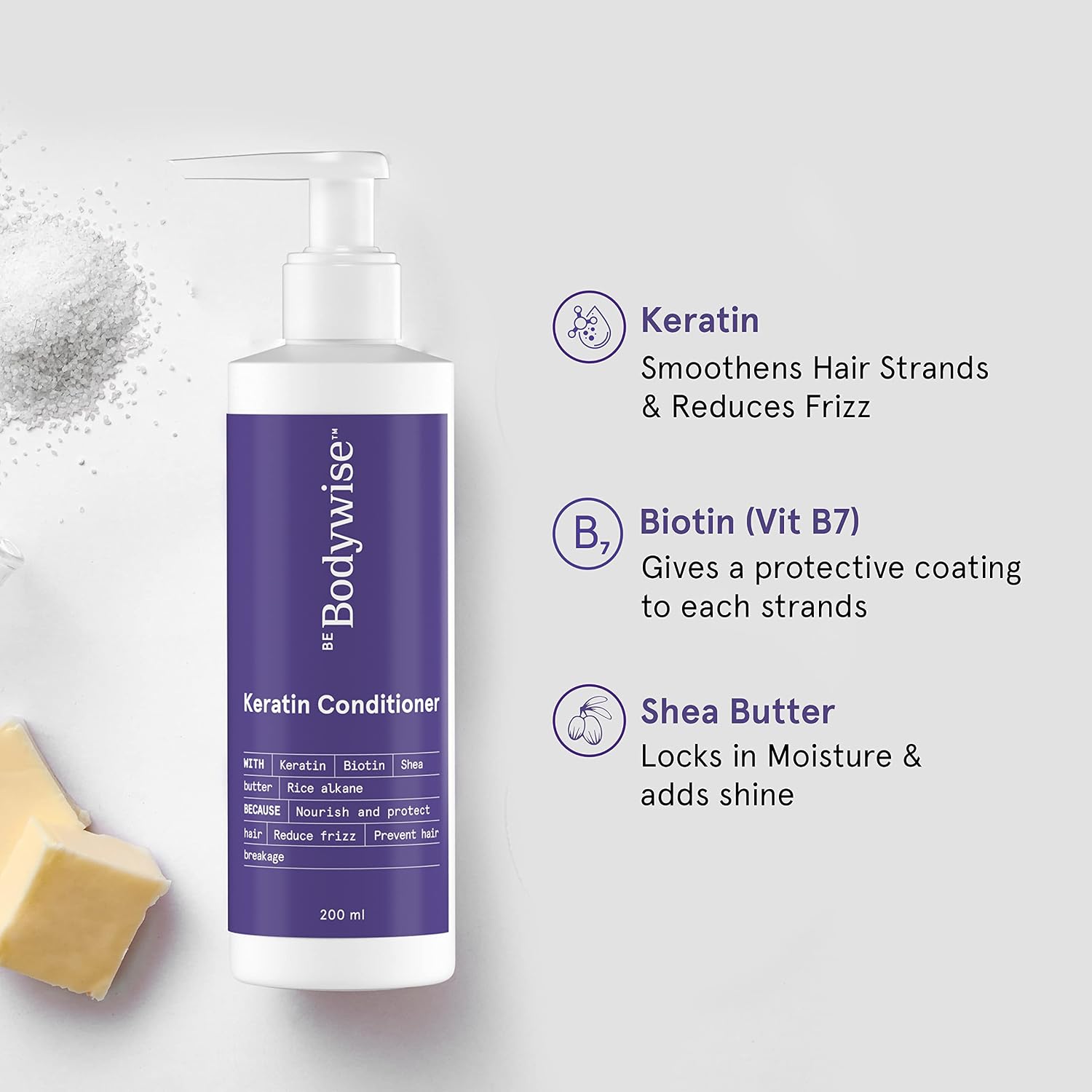 Bodywise Keratin Conditioner, Paraben & Sls Free, Reduces Frizz, Locks In Moisture, Keratin, Silk Protein, Biotin & Shea Butter, 200 Millilitre - All