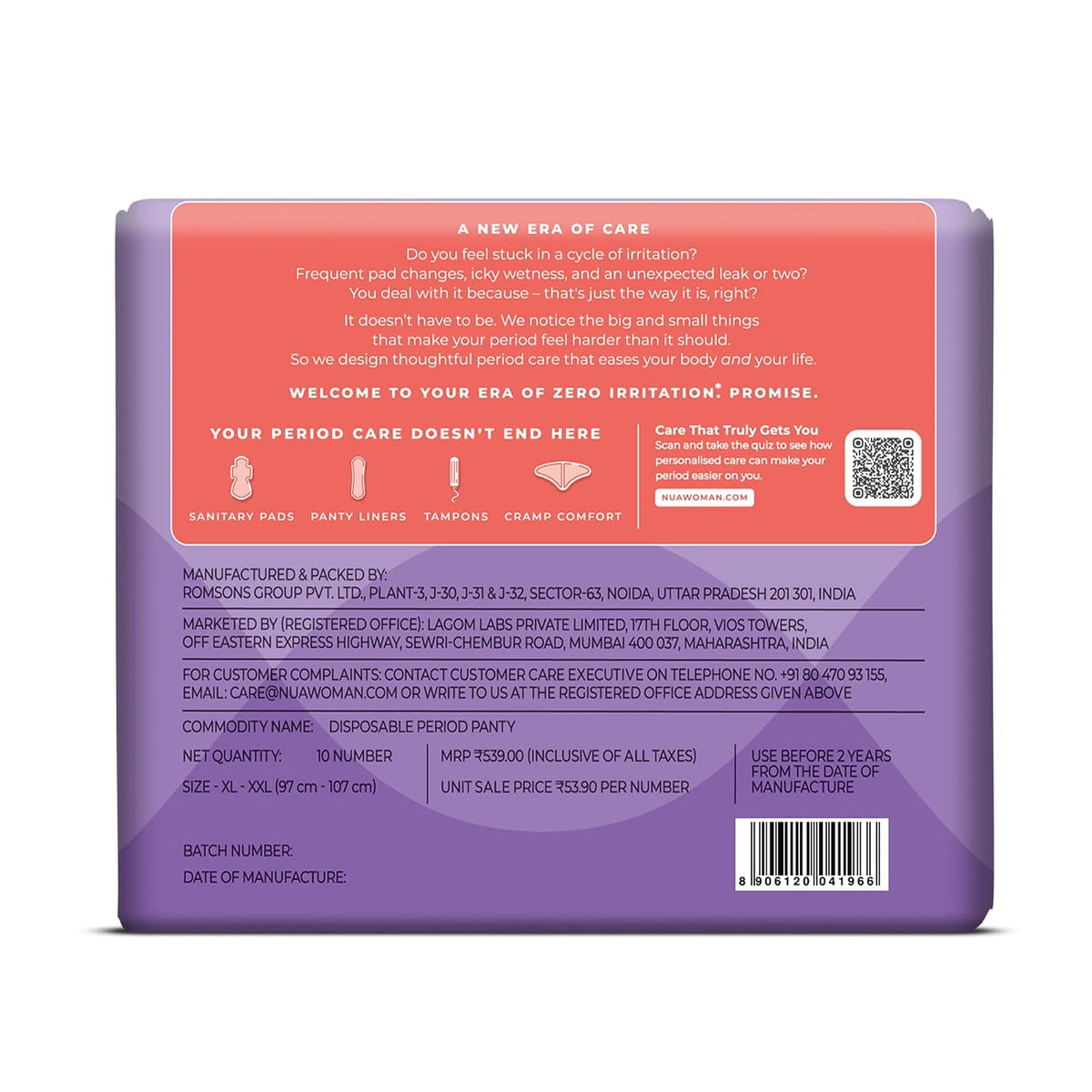 Nua Comfort Disposable Period Panties (XL-XXL) | Pack of 10 Panties | Disposable | 360° Coverage | Zero Irritation | 4x Comfort | For Heavy Flow | No rashes | L
