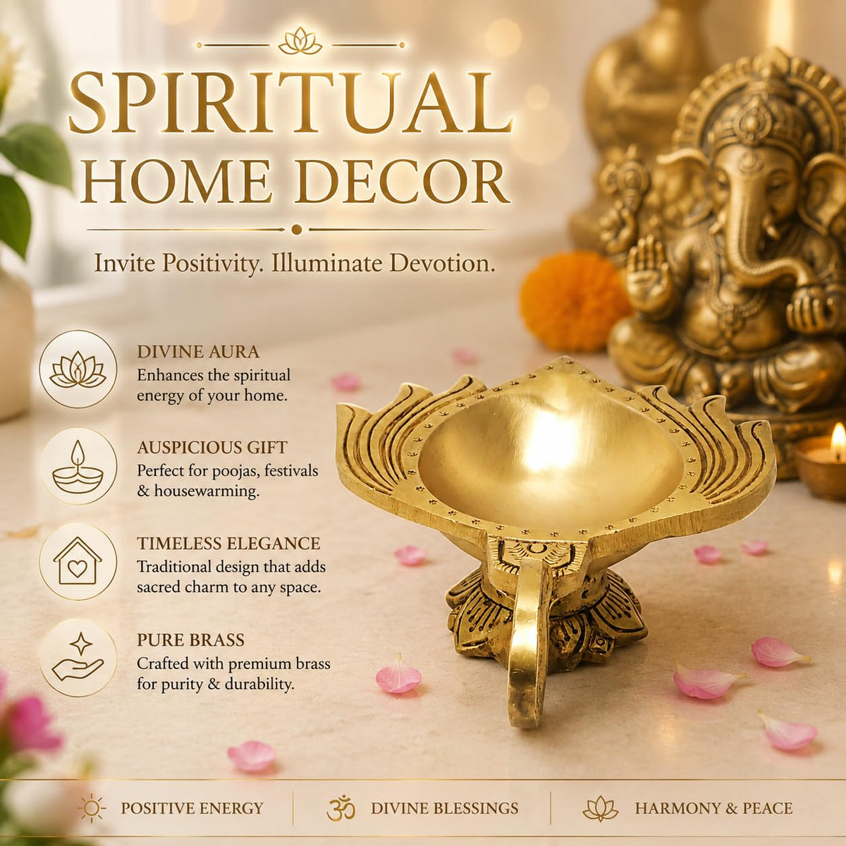 SHANTI 100% Pure Brass Lotus Shape Akahnd Diya/Oil Lamp/Kamal Patta Deepak/Diya for Puja Room (LP3421)