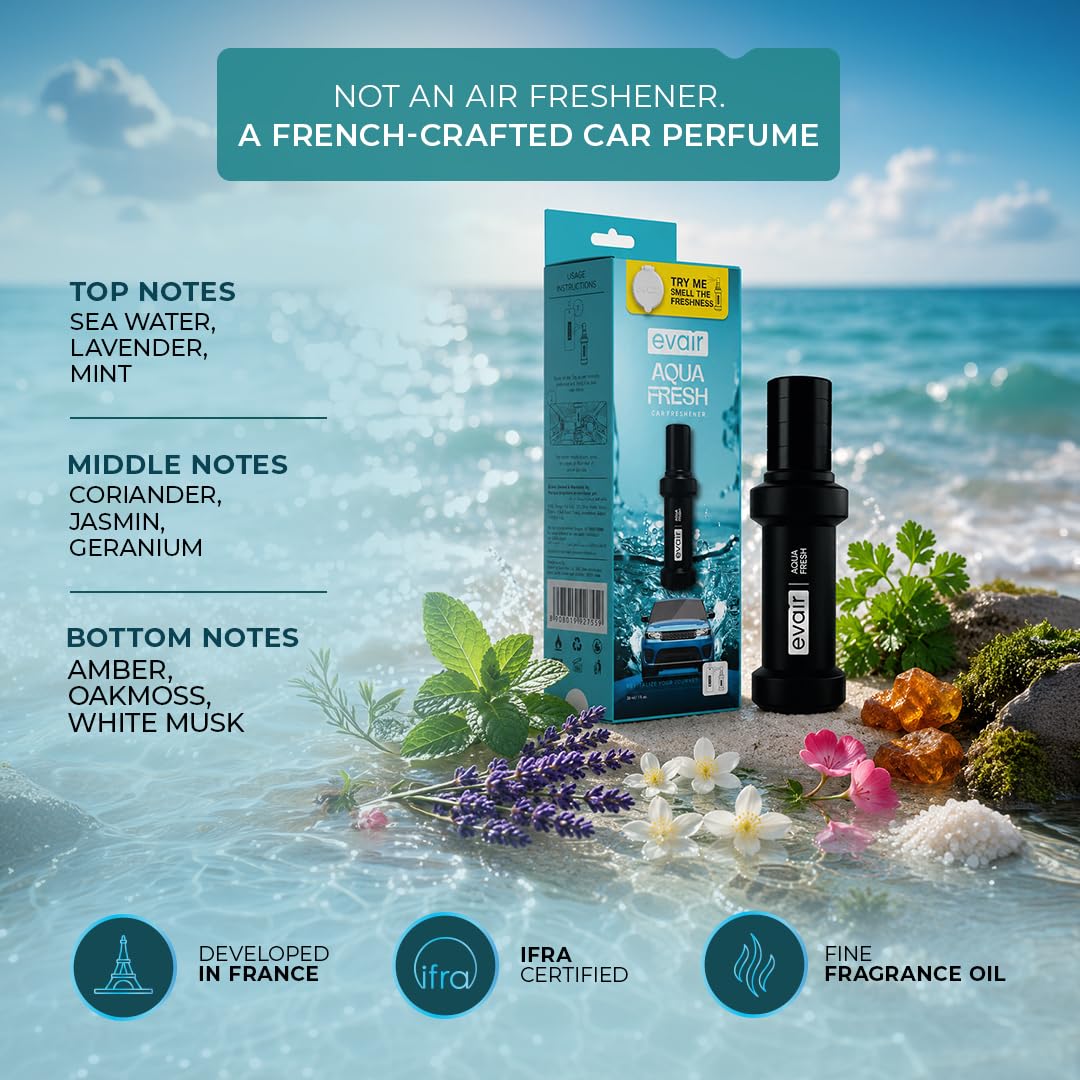 Evair Aqua Fresh Car Perfume Spray | Premium Car Air Freshener & Fragrance Spray with Diffuser Tag | Long Lasting Fresh Aqua Scent | Luxury Car Perfume for Car