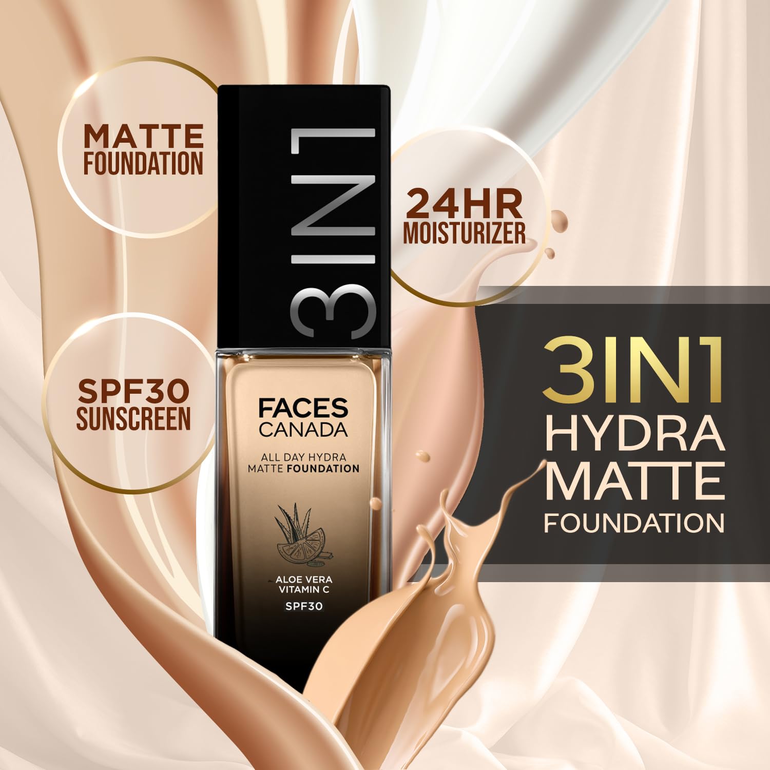 FACES CANADA All Day Hydra Matte Foundation | 3-in-1 Foundation + Moisturizer + SPF 30 | 24 HR Aloe Hydration & Vitamin C | 10HR Long Wear | Medium to High Buildable Coverage | Rose Ivory 011 | 30ml