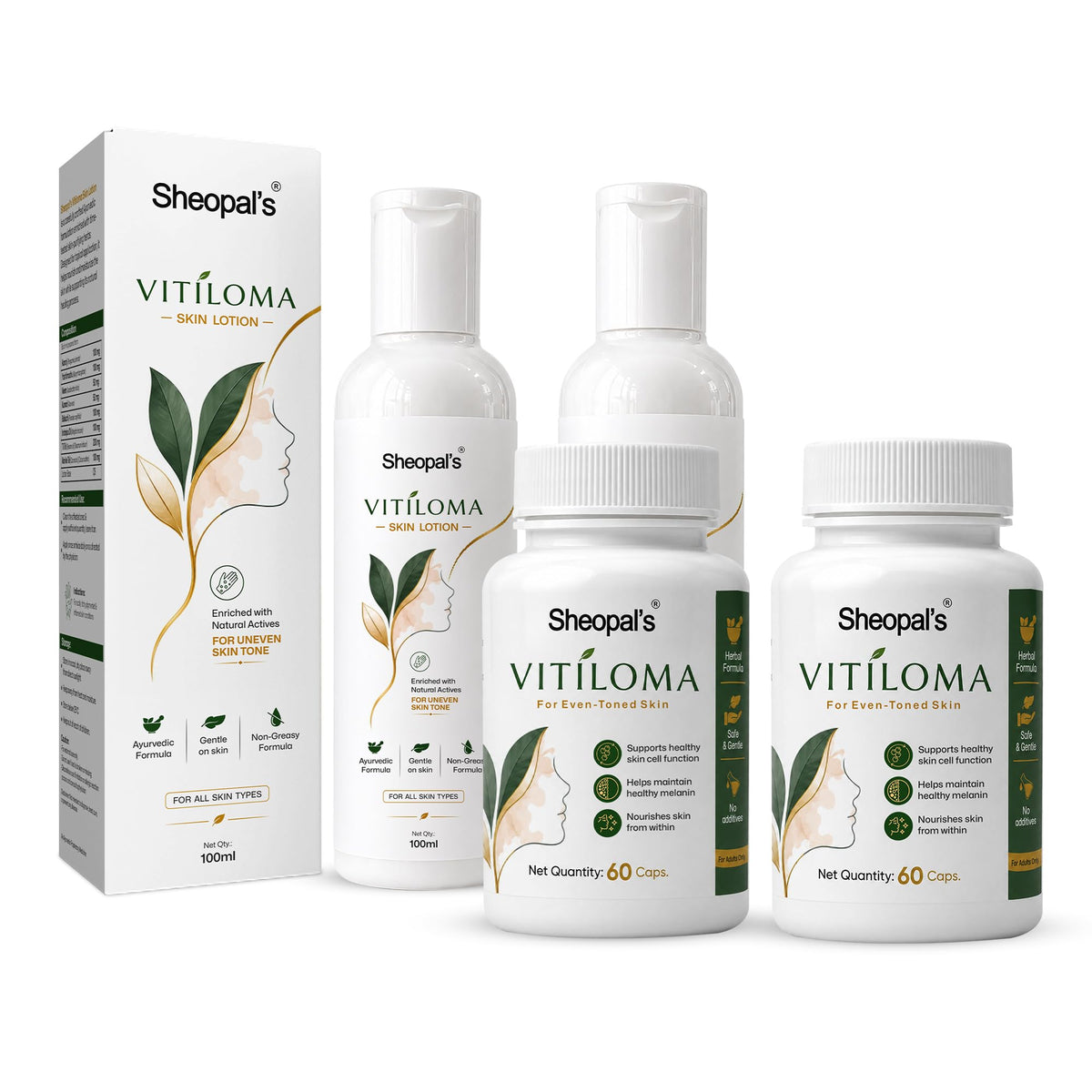 Sheopal's Vitiloma Combo | Skin Lotion & Capsules for Healthy-Looking Skin Tone | White Patches, Discoloration of Scar Removal, Piebald, for men and women (Pack