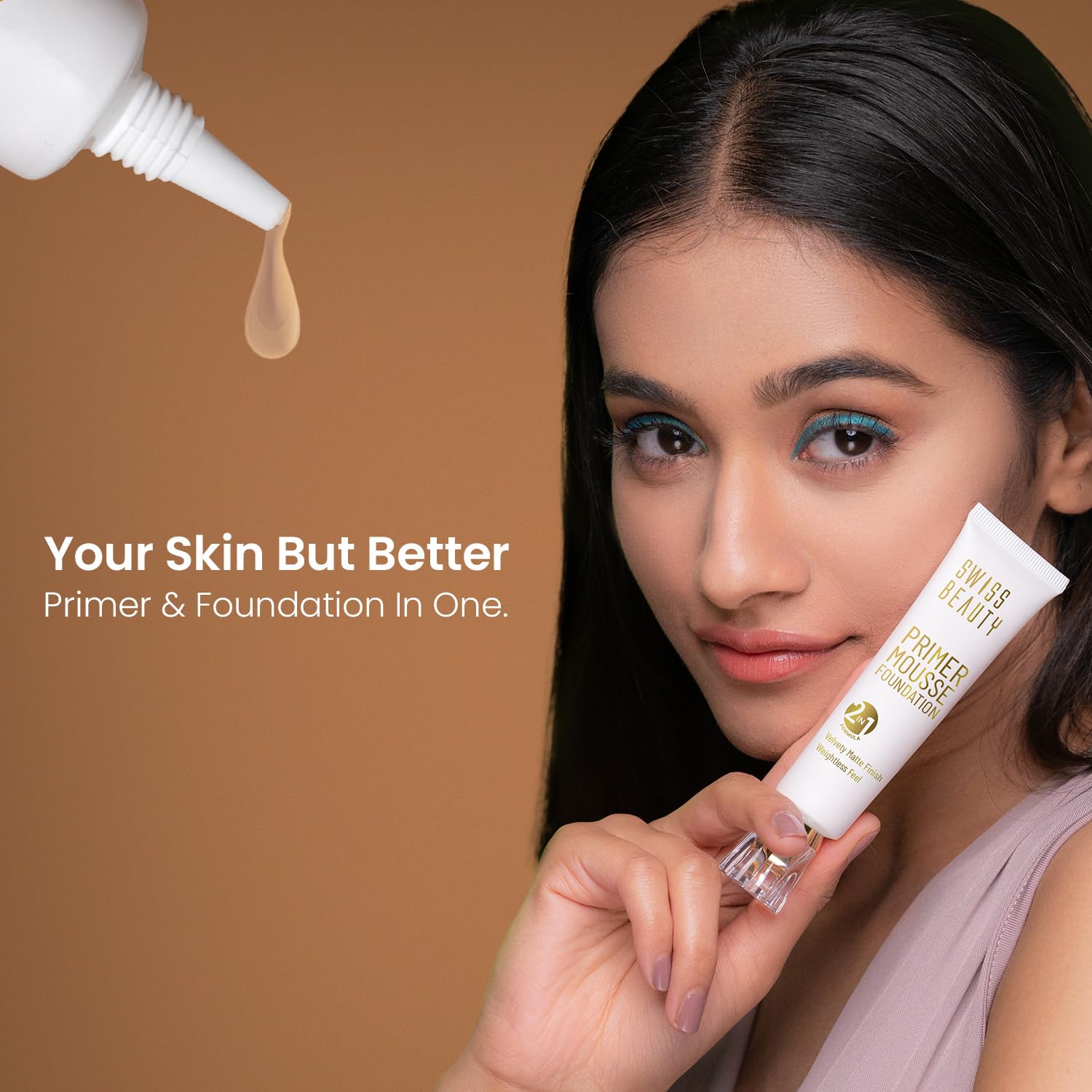 Swiss Beauty Primer Mousse Foundation Weightless Smooth & Velvet Touch, Matte Finish, Face MakeUp, Medium Beige, 40ml
