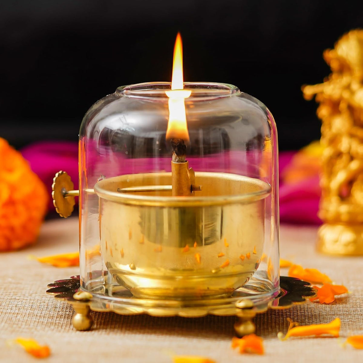 Brass Akhand Jyot Diya with Adjustable Bati Wick Lifting Screw Home Decoration Gifting Joyti Holder Navratri & Borosilicate Glass Cover Oil Diyas Pooja(Small)