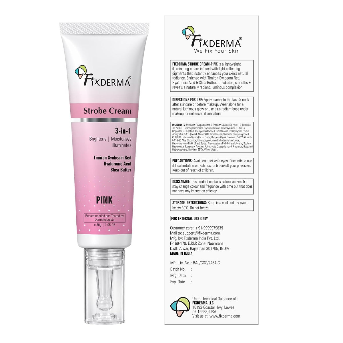 Fixderma Strobe Cream Pink 30g | Primer + Highlighter + Moisturizer | Shea Butter & Hyaluronic Acid | Intense Hydration | Flawless Radiant Dewy Skin | Illuminat