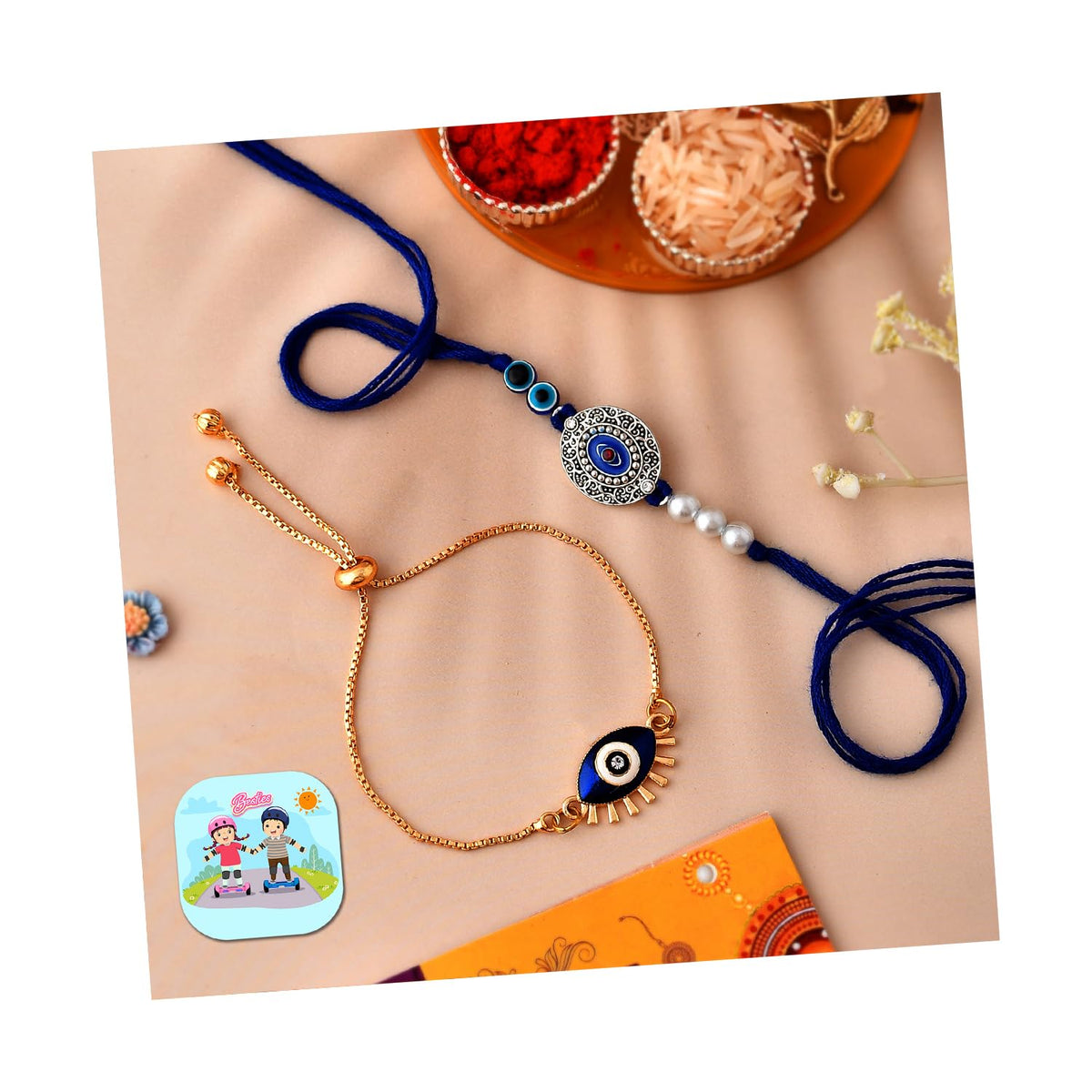 CraftVatika Bhaiya Bhabhi Evil Eye Rakhi Magnet Combo Set for Brother Designer Rakhi for Unisex Adult Rakshabandhan Bracelet Evil Eye Hand Set with Gift C1- Evi