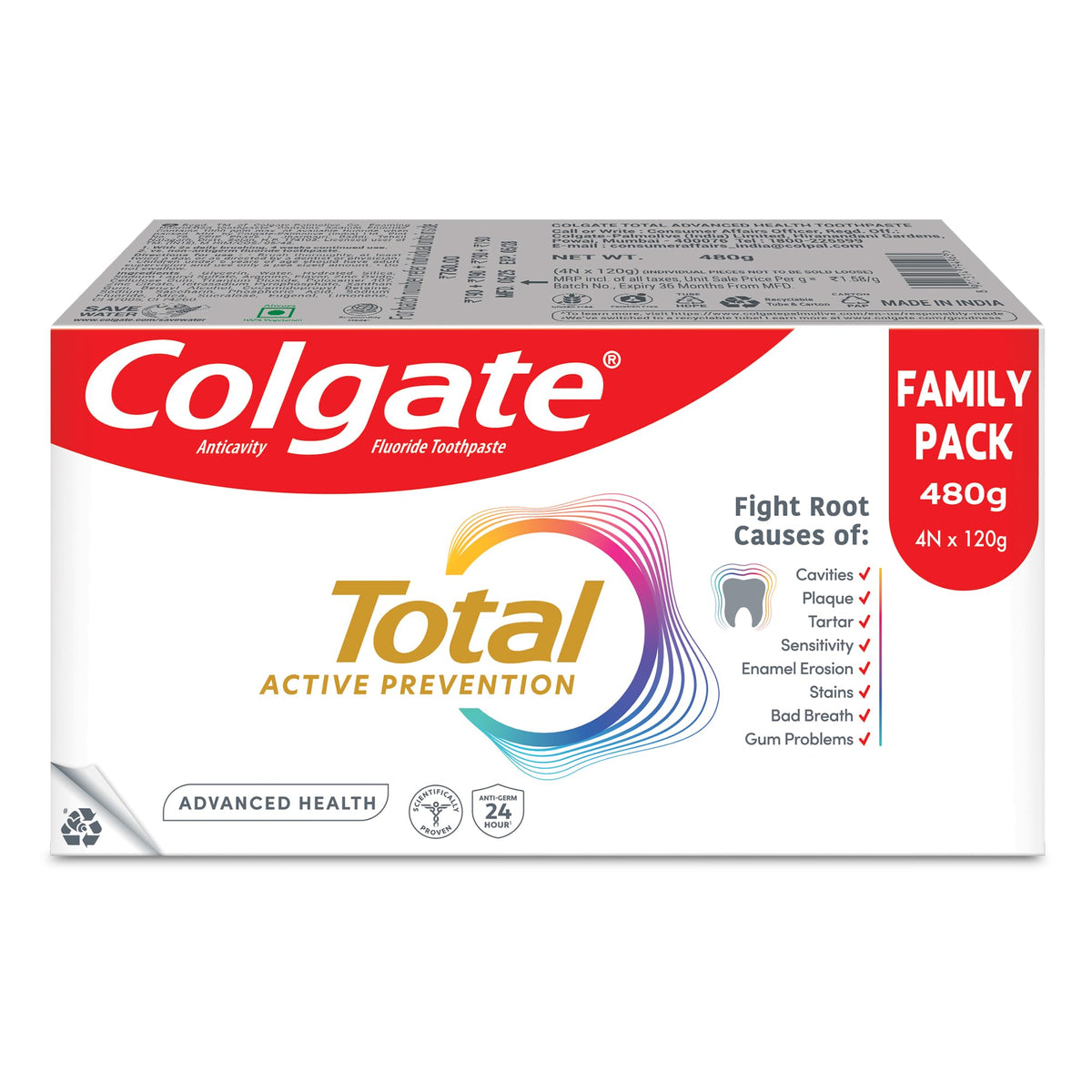 Colgate Total 300gm (2 x 150gm) Advanced Health Anti-Germ Toothpaste with Toothbrush, Tooth Paste with 12-Hour Anti-Germ & Enamel Protection, Whole Mouth Health
