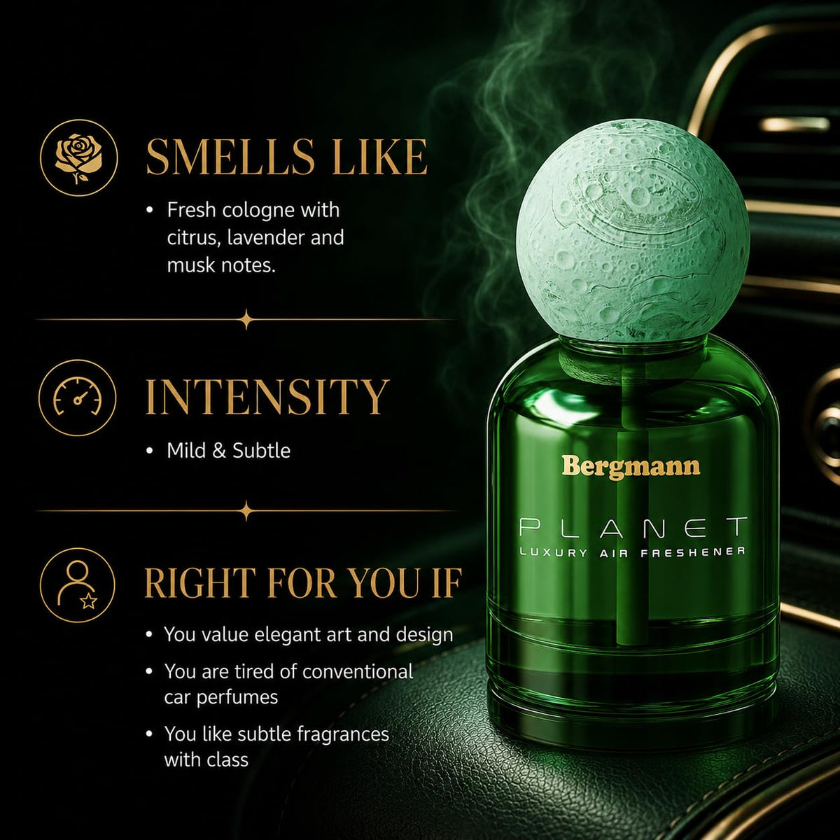 Bergmann Planet Luxury Car Perfume, Car Air Freshener, For Car & Home, Alcohol-free, Long-Lasting upto 90 days, COLOGNE, 110ml