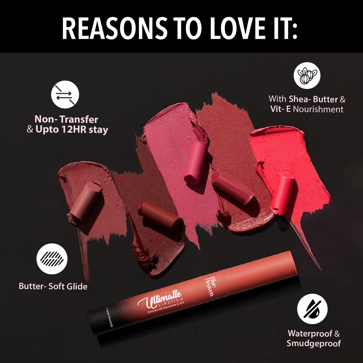 Blue Heaven Ultimatte NonTransfer lipstick for women|Enriched with Shea Butter & Vitamin E| Matte Finish, Smudge Proof & Waterproof Long Lasting Lipstick Upto 12Hrs| 2.2g | 08 Pink