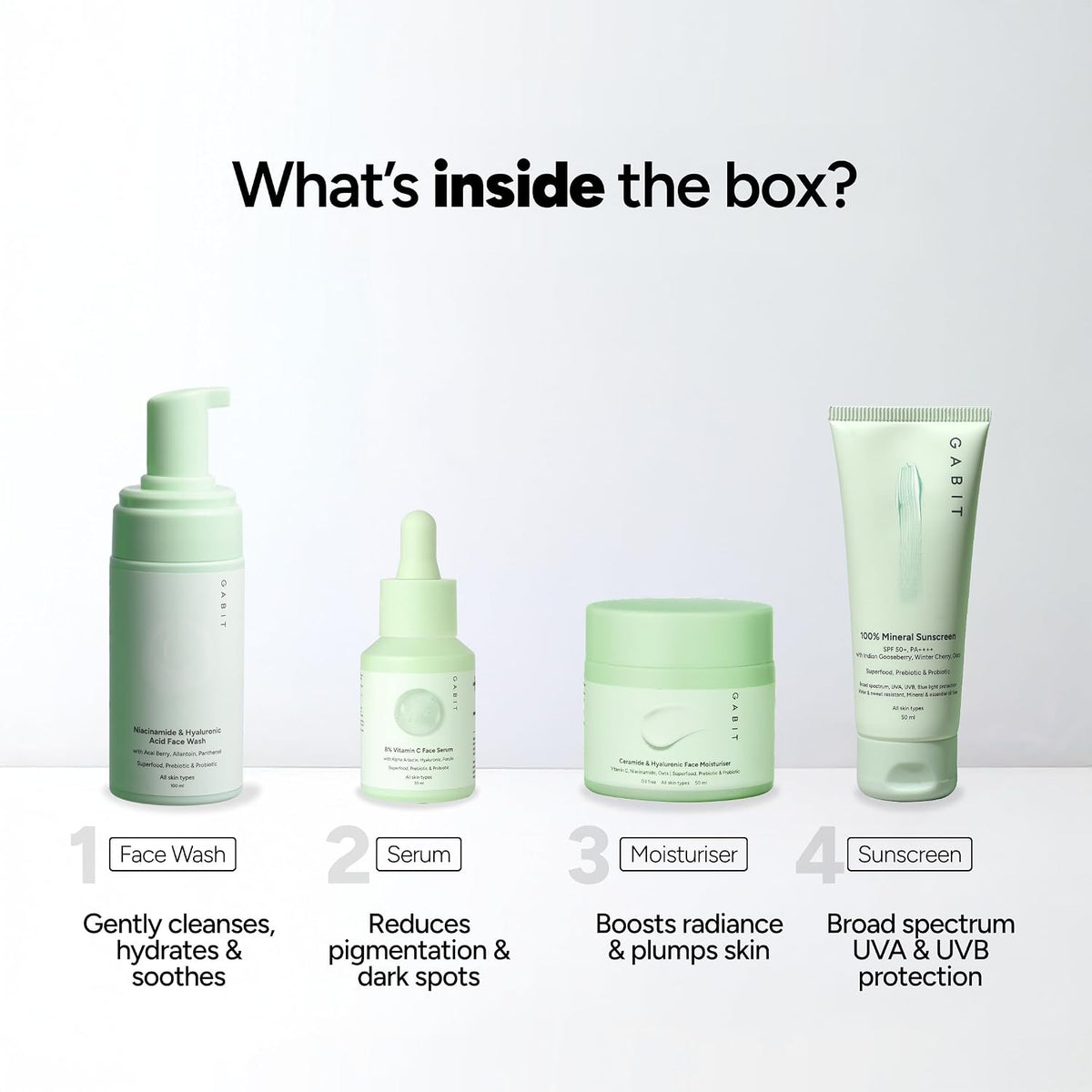 Gabit Fantastic Four Gift Box | Complete Skincare Routine Combo/Kit for Women & Men with Vitamin C Serum, Ceramide Moisturiser, Mineral Sunscreen & Niacinamide