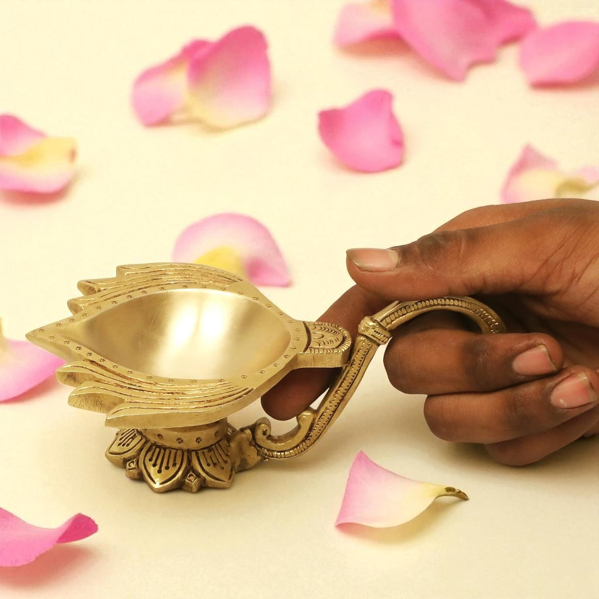 SHANTI 100% Pure Brass Lotus Shape Akahnd Diya/Oil Lamp/Kamal Patta Deepak/Diya for Puja Room (LP3421)