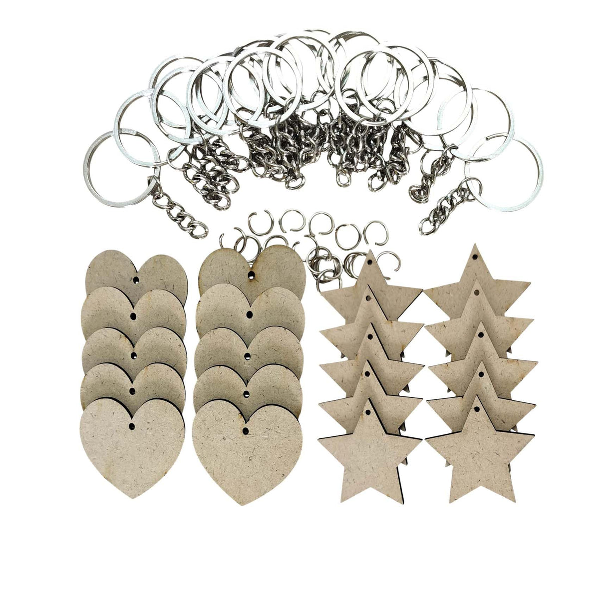 has Set Of 10 Units Each of 2 Inch Heart and Star MDF Blank Boards with Nickel Key Ring Chains – Perfect for DIY Craft Projects, Dot Mandala and Paintings (2 In