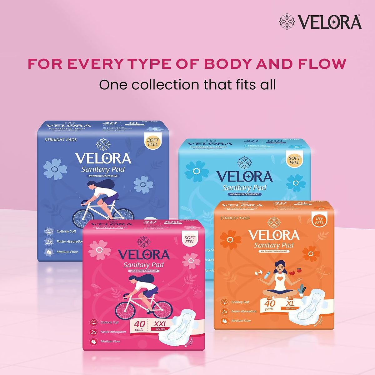 Velora Soft Feel & Rash Free Pack of 1 Trifold Sanitary Pads| XL - 280MM | 40 Pads | Sanitary Pads for Women and Girls, Quick Absorption, Heavy Flow Champion, S
