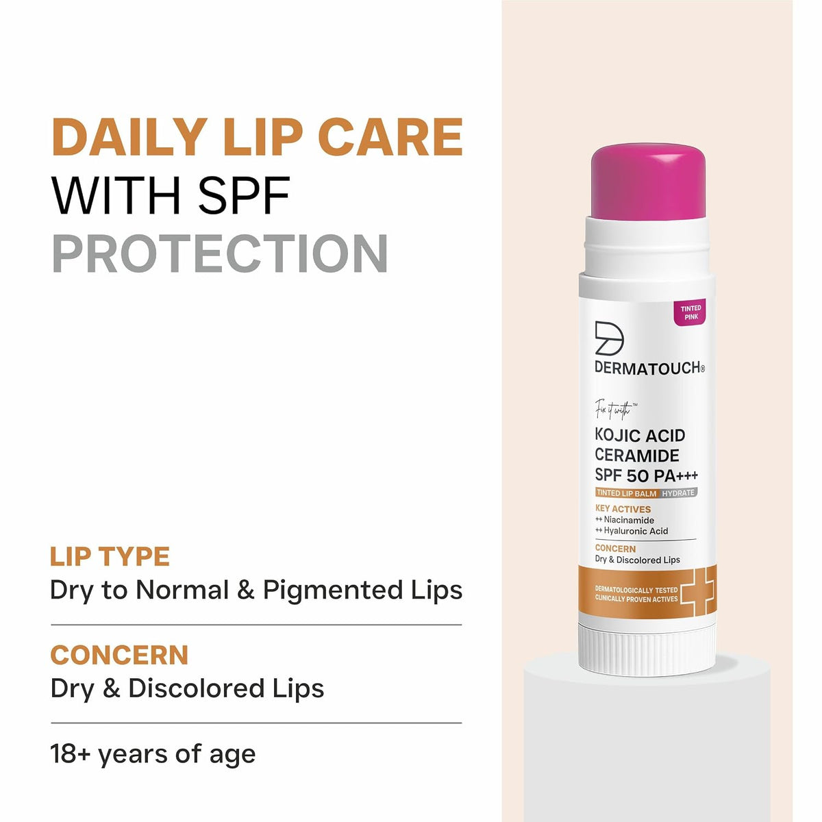 DERMATOUCH Kojic Acid Ceramide SPF 50 PA+++ Tinted Pink Lip Balm - 5g | Moisturizing • Sun Protection • Nourishing | Reduces Pigmentation & Heals Dry Lips