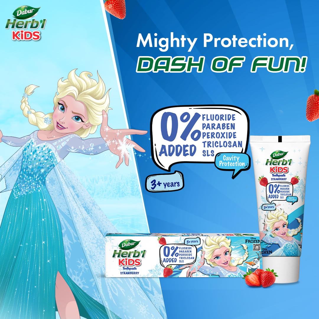 DABUR Herb'l Kids Elsa Frozen Toothpaste|3+ Years|Strawberry Flavour|80g|No added chemicals|Cavity protection|Fights germs|Strong Teeth,Healthy Gums|Natural & Safe For Kids|SLS & Flouride free