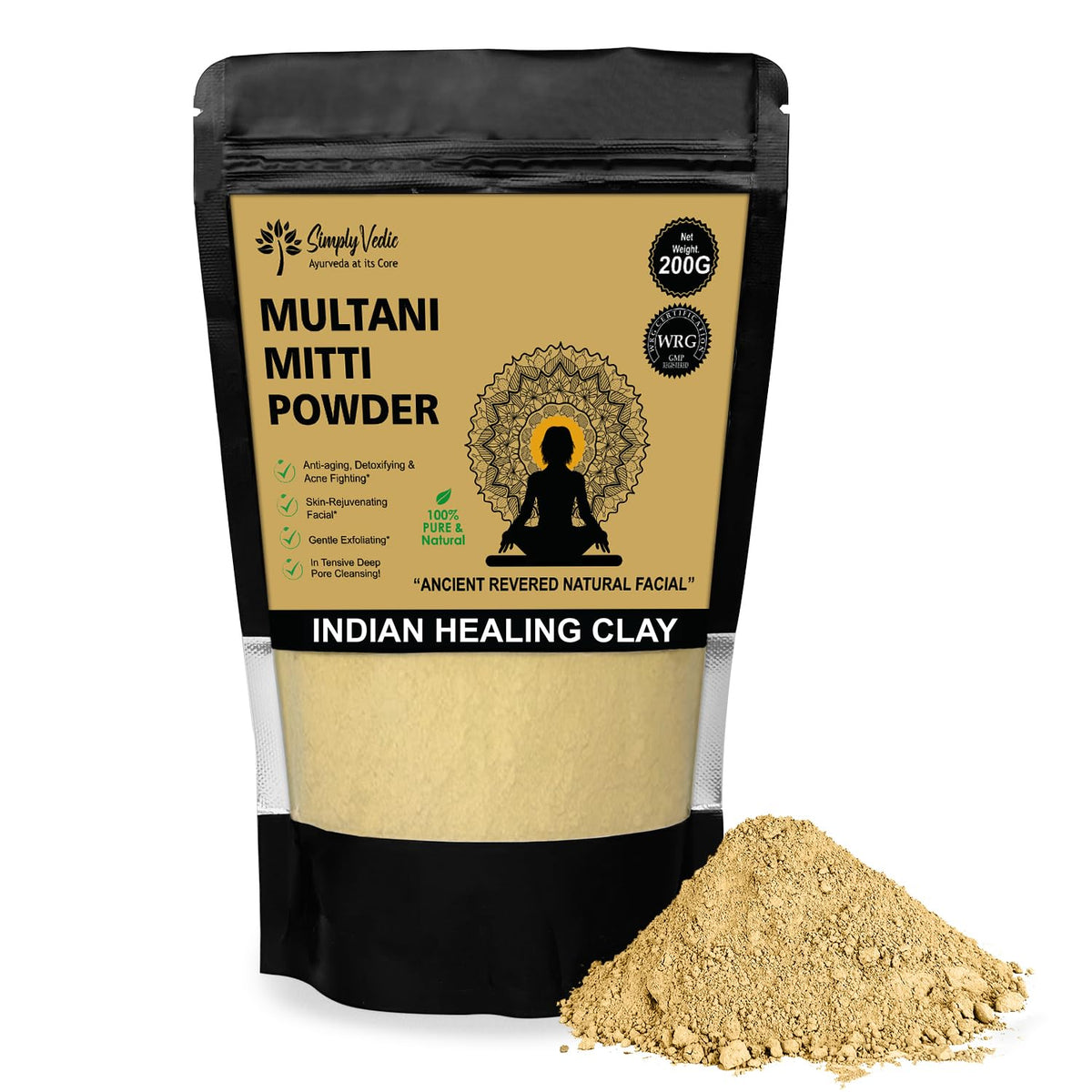 Simply Vedic 100% Natural Multani Mitti Powder Face Pack (200Gms-Pack1) For Exfoliating Soothing Nourishing Face, Skin & Hair| Indian Healing Clay/Calcium Bento