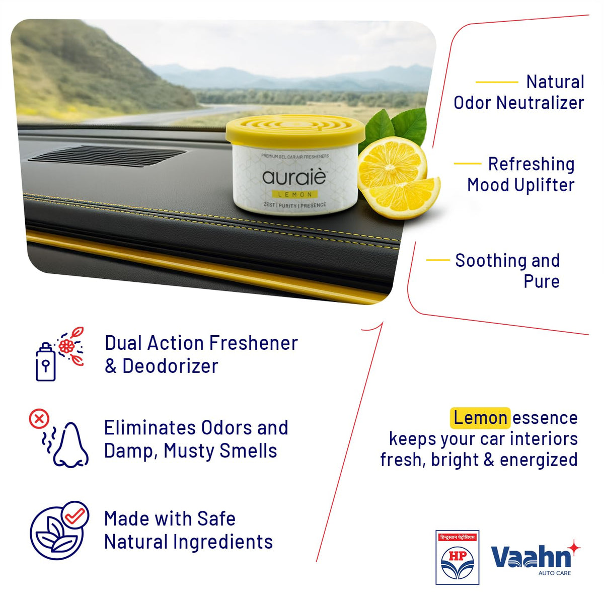 HP Vaahn Lemon Air Freshener for Dashboard & Car Interior | Gel Based Car Perfumes | Deodorizer for Dashboards & Vents | Premium Auto Interior Fragrance | Long-