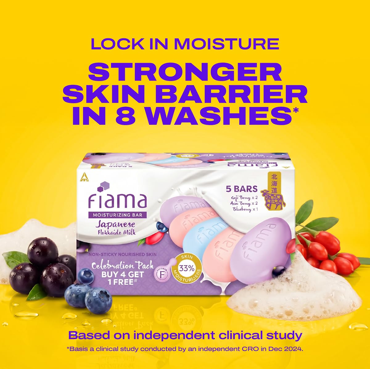 Fiama Skin Barrier Strengthening Moisturizing Soap Bars|Clinically Proven |With Pro-Ceramides|Japanese Hokkaido Milk & Berries 625g (Pack of 5)|Non-Sticky Moist