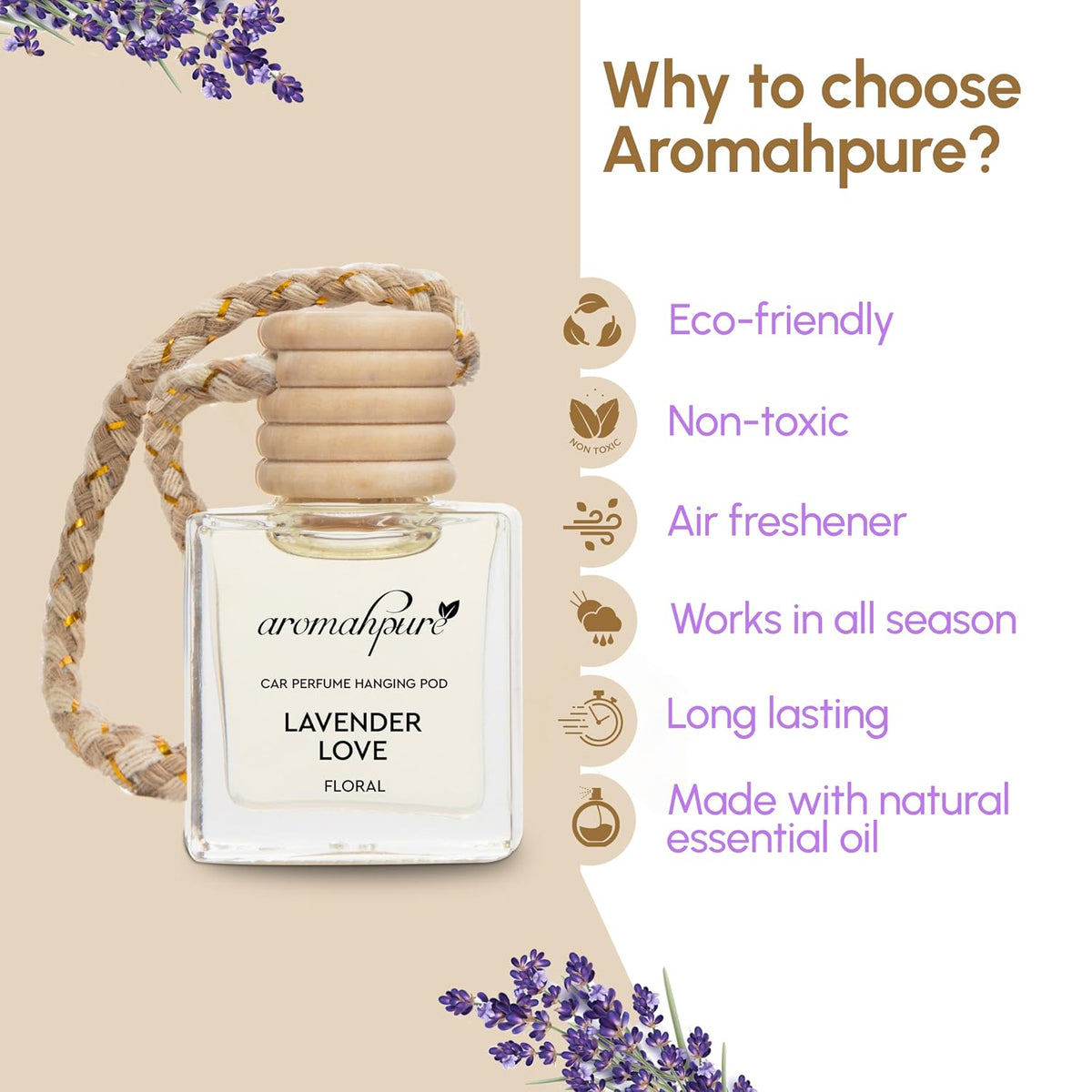 Aromahpure Premium Car Perfume Hanging Pod |10 ML |French Lavender Fragrance Car Air Freshener |Natural Fragrance Oils in Glass Bottle with Wooden Diffuser Lid