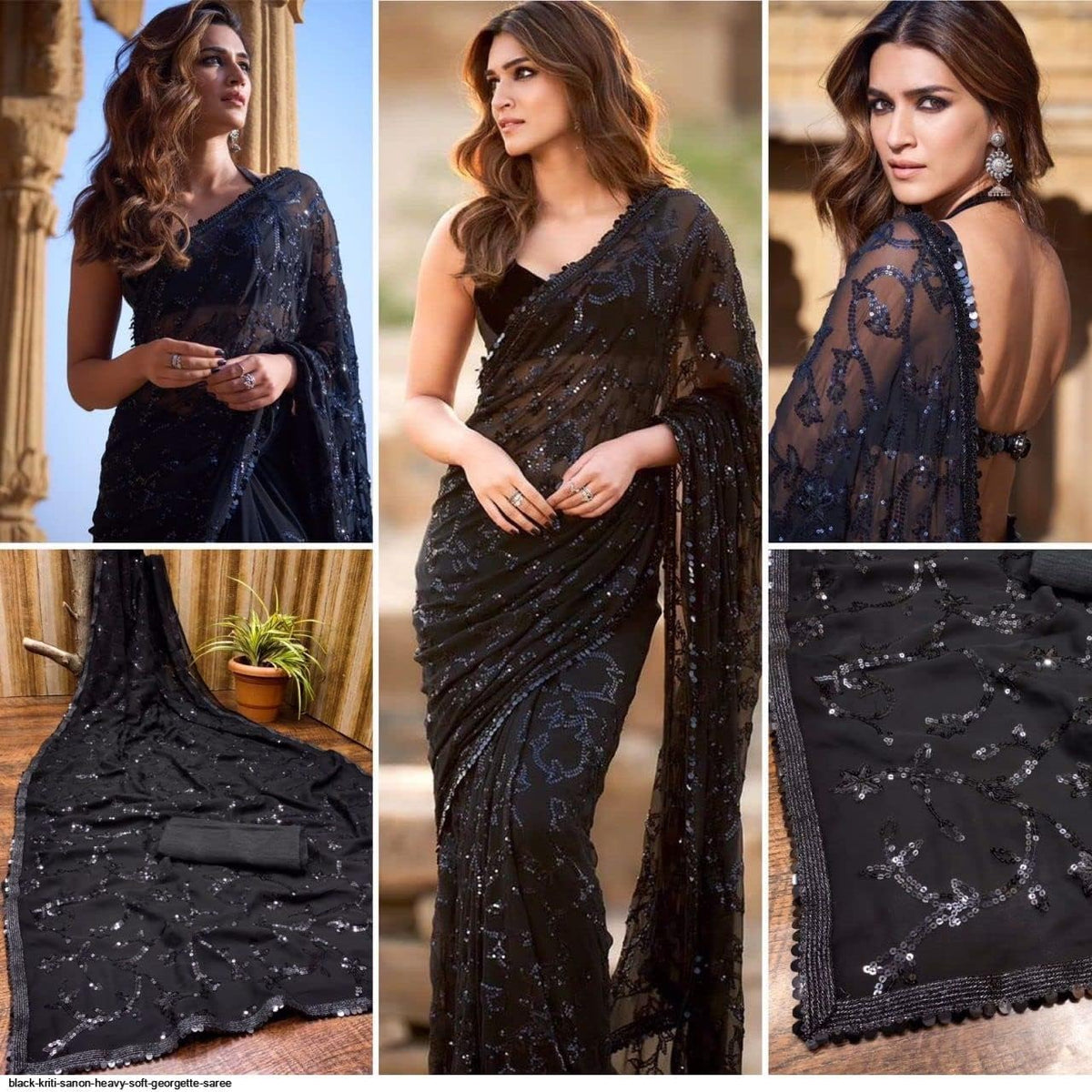 Sidhidata Women's Sequence Work Georgette Saree With Blouse Piece (Kriti Sanon Sequence) Black